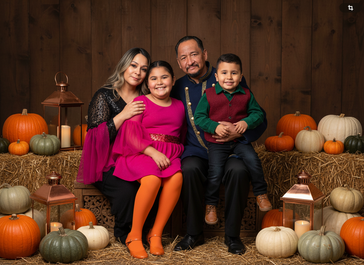 Family of four posing together with pumpkins and candles for a fall or Thanksgiving celebration.