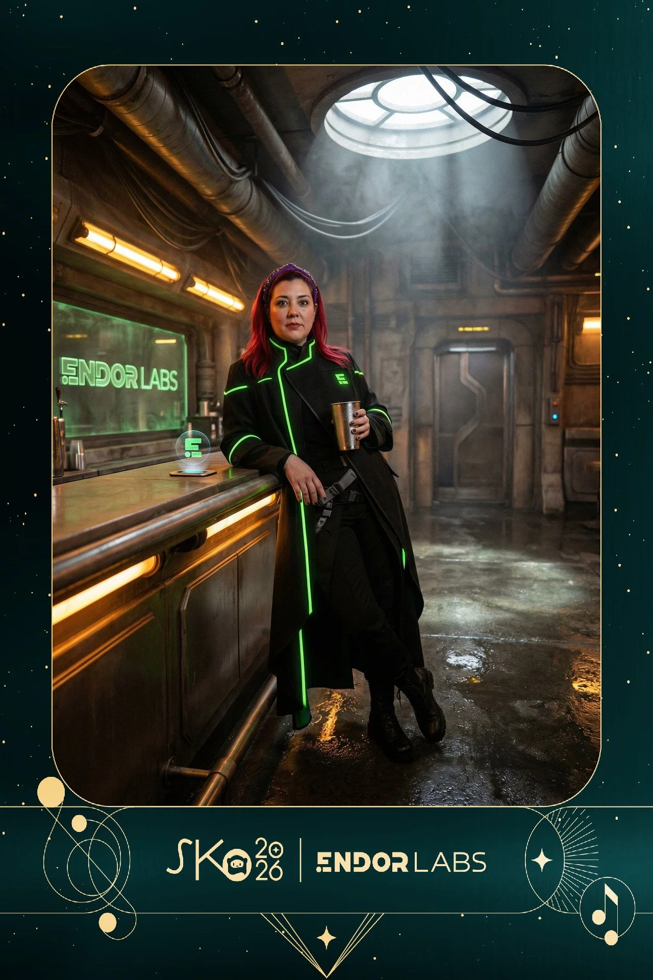 A woman with red hair and a purple headband stands in a sci-fi bar, wearing a black coat with glowing green accents. She holds a gold tumbler in her right hand, standing next to a bar counter with neon signs reading 'Endor Labs' and an illuminated 'E