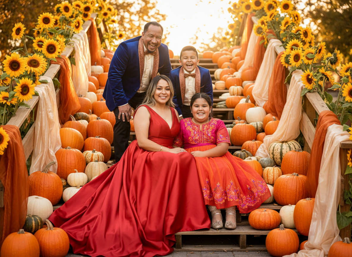 A family of five celebrating outdoors during fall, sitting on steps decorated with pumpkins, sunflowers, and fall-colored drapes, with sunny trees in the background. They are dressed in colorful, festive clothing, smiling joyfully.