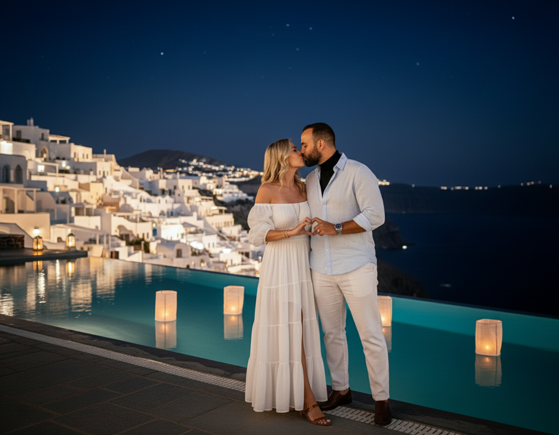 A couple kissing at night by an infinity pool overlooking a city with white buildings and a dark sky.