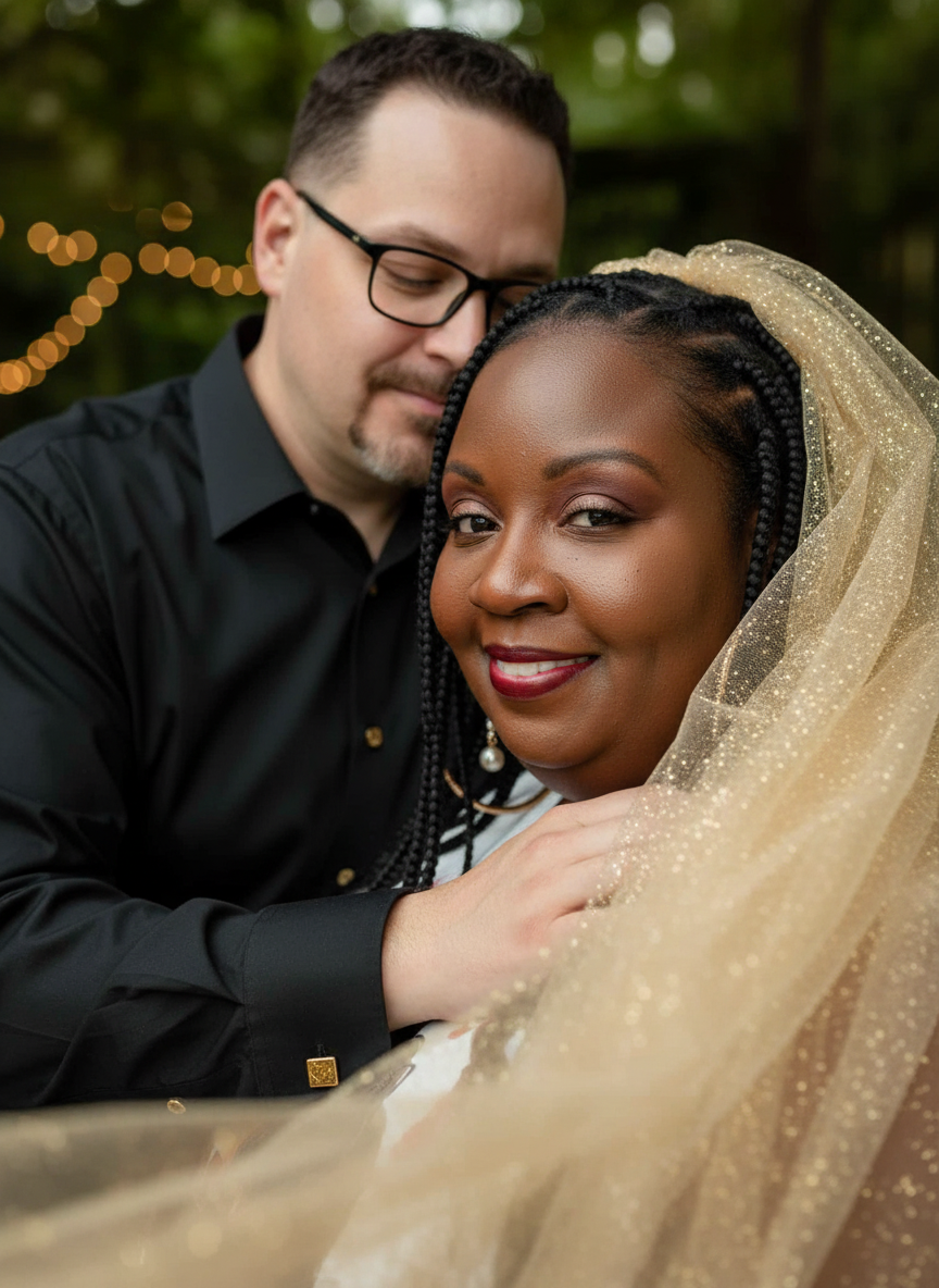 A happy couple, the woman wearing a gold glittery veil, in an outdoor setting with string lights in the background.