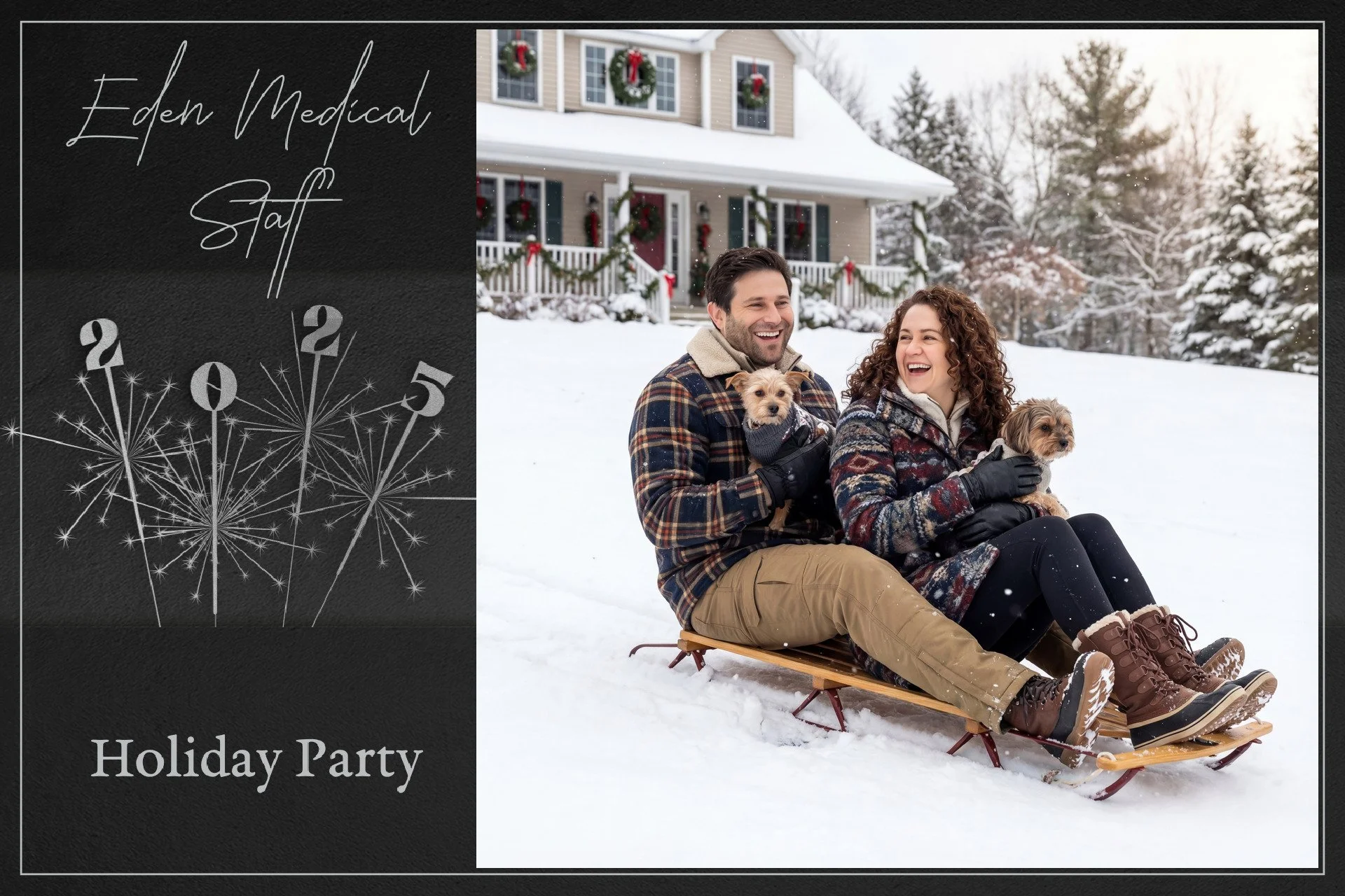 A holiday party invitation with a photo of a smiling couple and their two dogs sitting on a sled in the snow in front of a decorated house, with the text "Eden Medical Staff Holiday Party" and a graphic of fireworks and the words "Holiday Party."