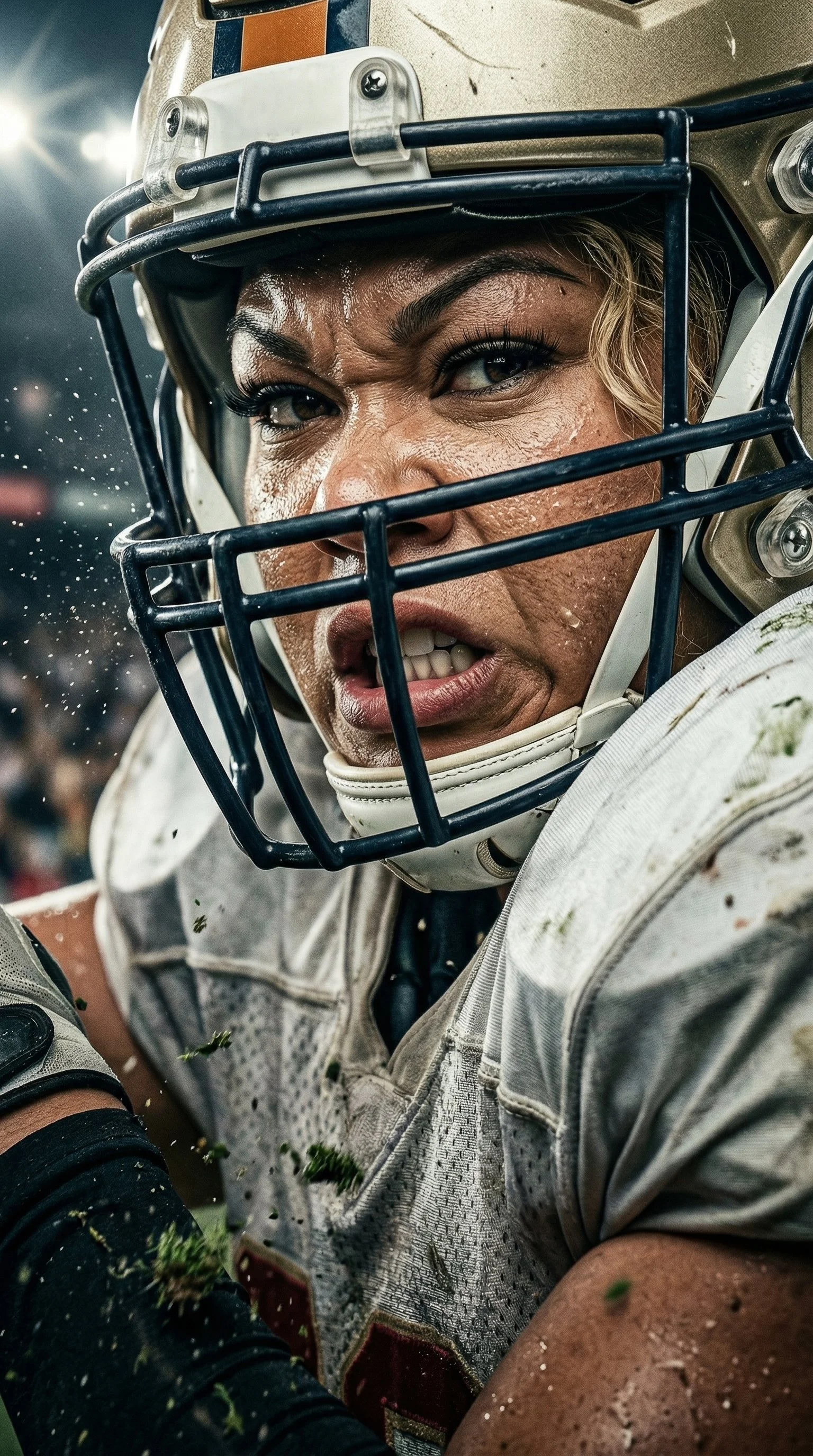 Close-up of a female football player wearing helmet and uniform, looking intensely, depicting a passionate moment during a game.