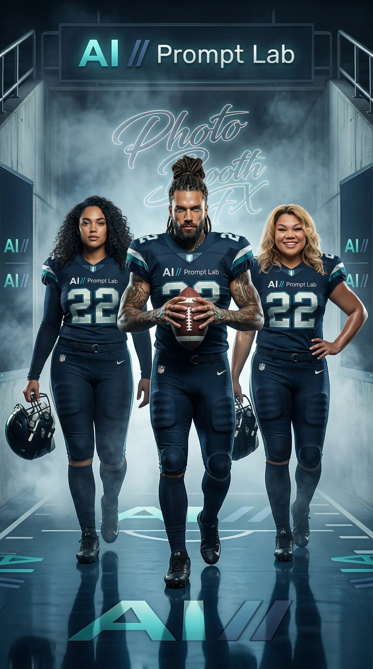 Three football players in blue uniforms with the text 'AI Prompt Lab' on their jerseys, standing on a football field. The central player holds a football, flanked by two women players. The background has a misty football stadium setting with the words 'Photo Booth FX' in the middle.