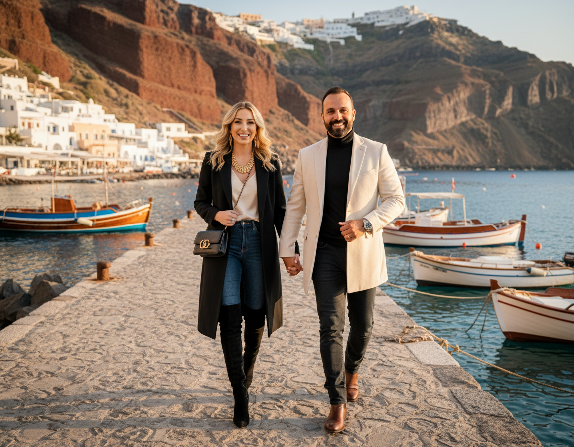 A smiling couple walking hand in hand along a dock at a coastal town with boats, white buildings, and mountains in the background during sunset.