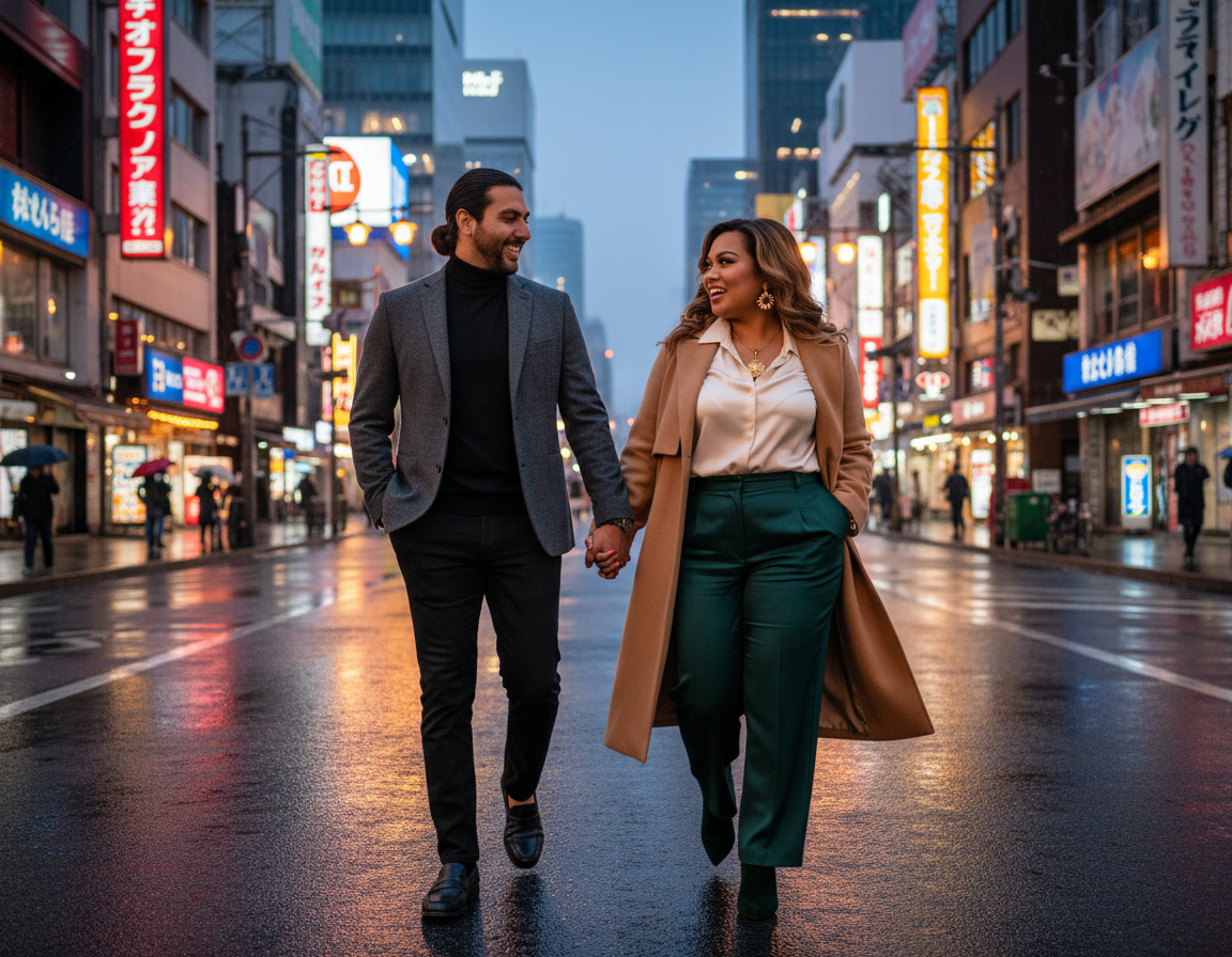 A man and woman holding hands and walking on a city street with neon signs at dusk. The man has dark hair tied back and is wearing a gray blazer with a black turtleneck, and the woman has wavy brown hair and is wearing a beige coat over a white blous