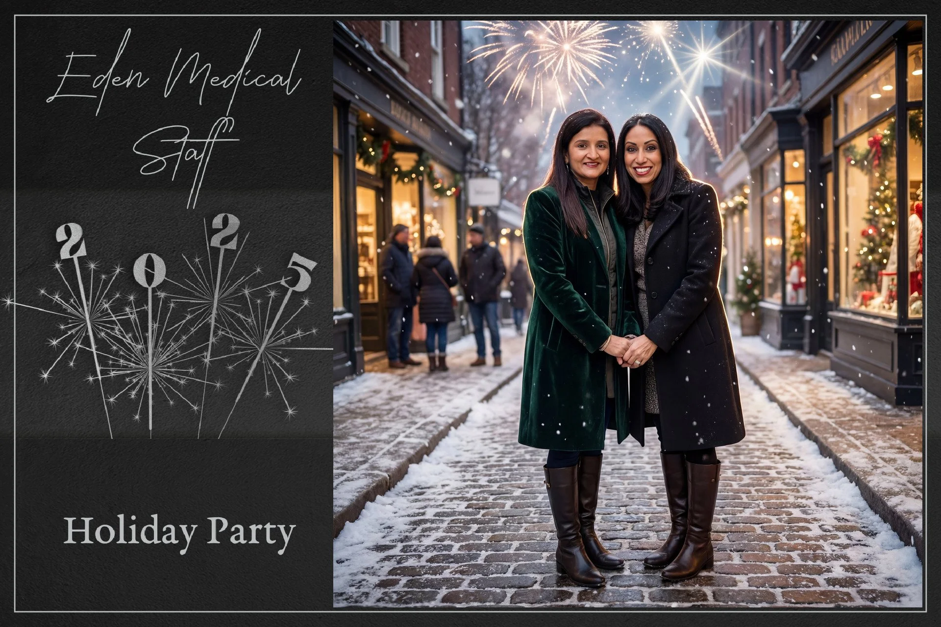 Two women standing close together on a snow-covered cobblestone street at a holiday party, with fireworks in the sky behind them, holiday stores decorated with Christmas trees and lights, and other people in winter clothing in the background.