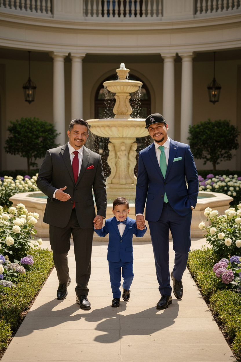 Three males, two adults and one child, walking hand-in-hand along a garden path in front of a fountain, surrounded by flowers, with a classical building with columns in the background.
