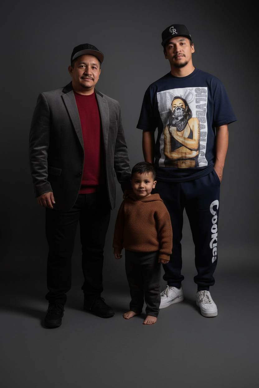 Three males and one young boy posing against a dark grey background. The man on the left is wearing a grey blazer, maroon shirt, black pants, and a baseball cap. The man on the right is wearing a graphic T-shirt with a woman and skull design, navy bl