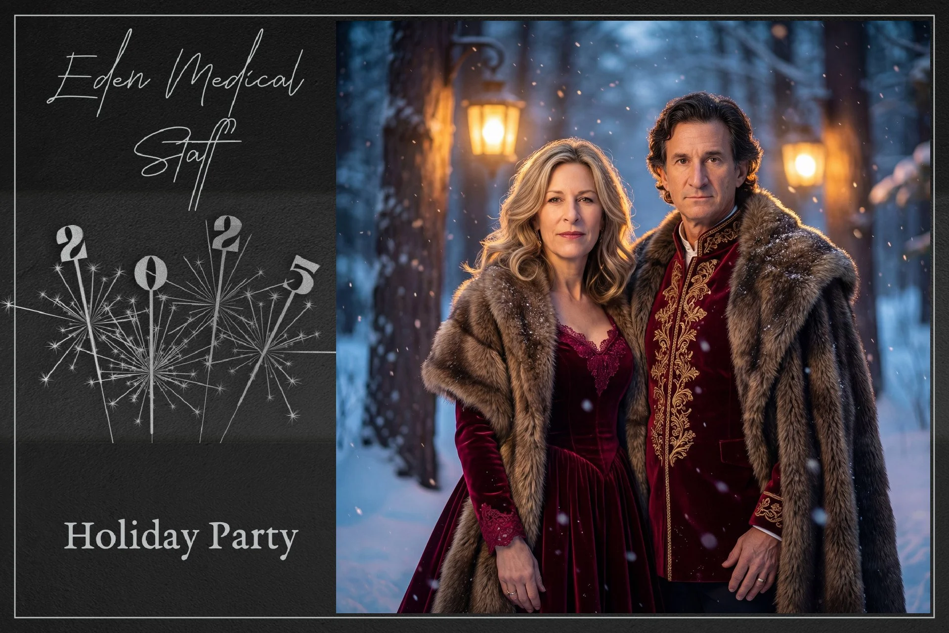 A promotional image for a holiday party featuring two people in vintage holiday attire with fur coats, standing outdoors in a snowy forest with lanterns in the background, and a graphic design with text indicating it is an Eden Medical Staff Holiday 