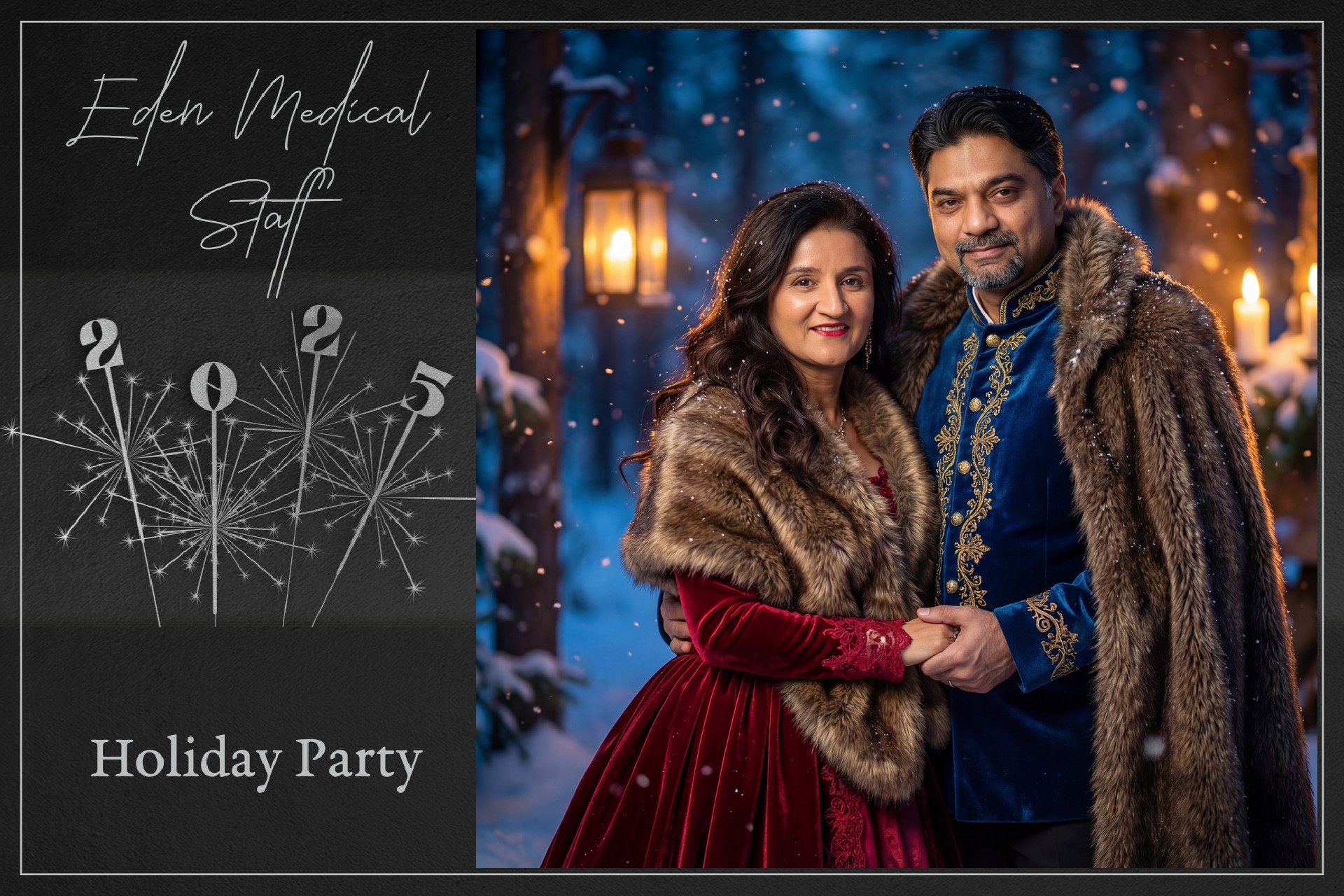 A couple in winter attire, with fur coats, standing outside at night in a snowy, wooded area with lanterns and candles, celebrating a holiday party.