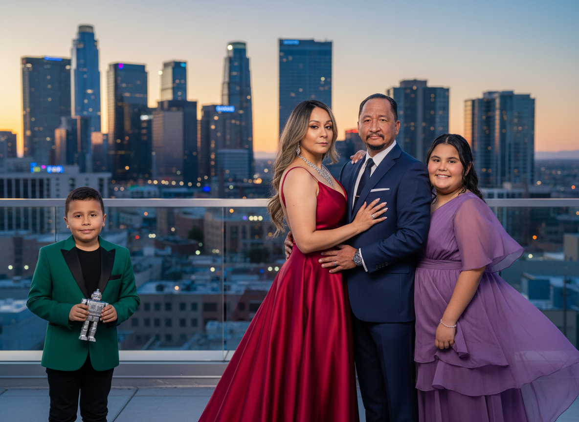 A family of four dressed in formal attire standing on a rooftop with a city skyline at sunset in the background.