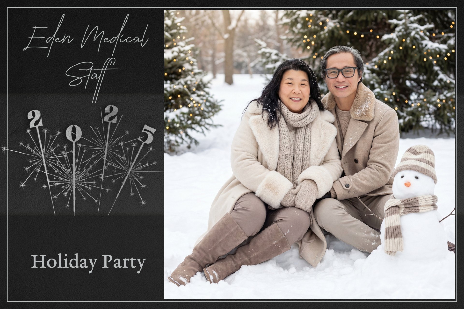 Holiday party invitation with a winter photo of a smiling couple in beige coats and gloves sitting in snow next to a snowman with a striped hat and scarf, and decorated evergreen trees in the background. The left side displays black textured backgrou