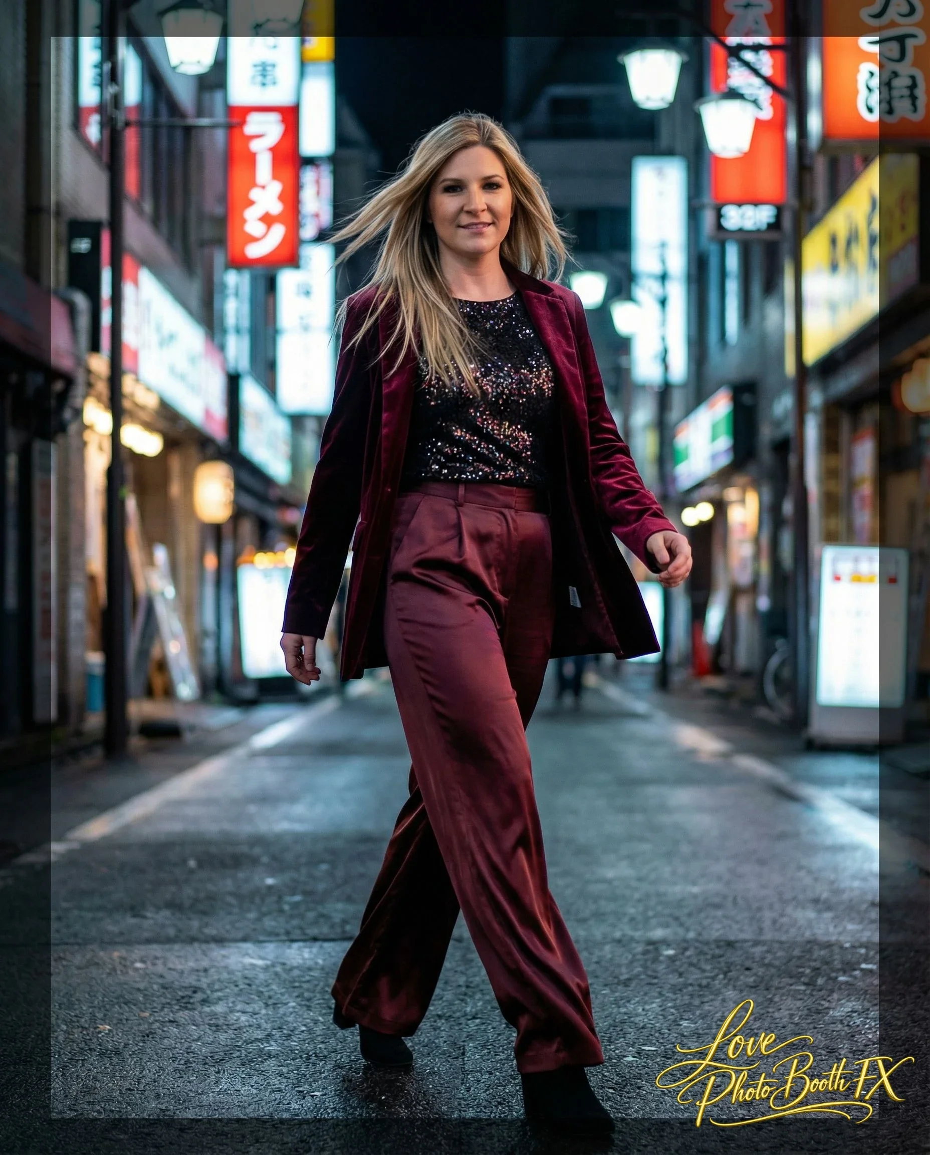 A woman with long blonde hair walking down a city street at night, illuminated by neon signs, wearing a dark sparkly top, maroon velvet blazer, and matching maroon velvet trousers.