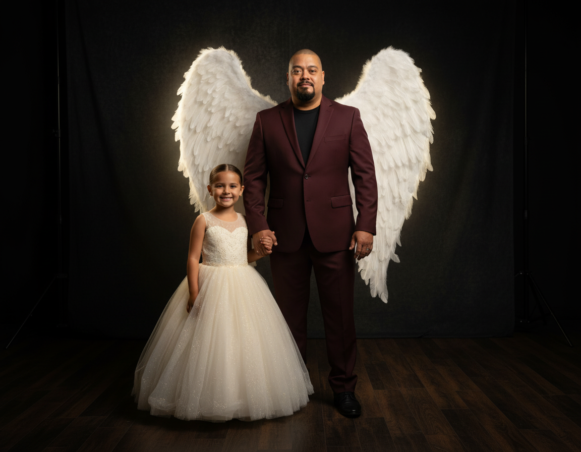 A man and a girl stand together holding hands, with large white angel wings behind them, on a black background.