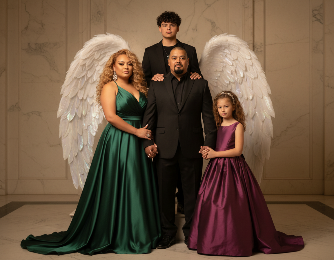 Family portrait of five with angel wings, standing in front of beige marble walls. The woman is in a green gown, the man in a black suit, the teenage boy in black, and a young girl in a purple dress.