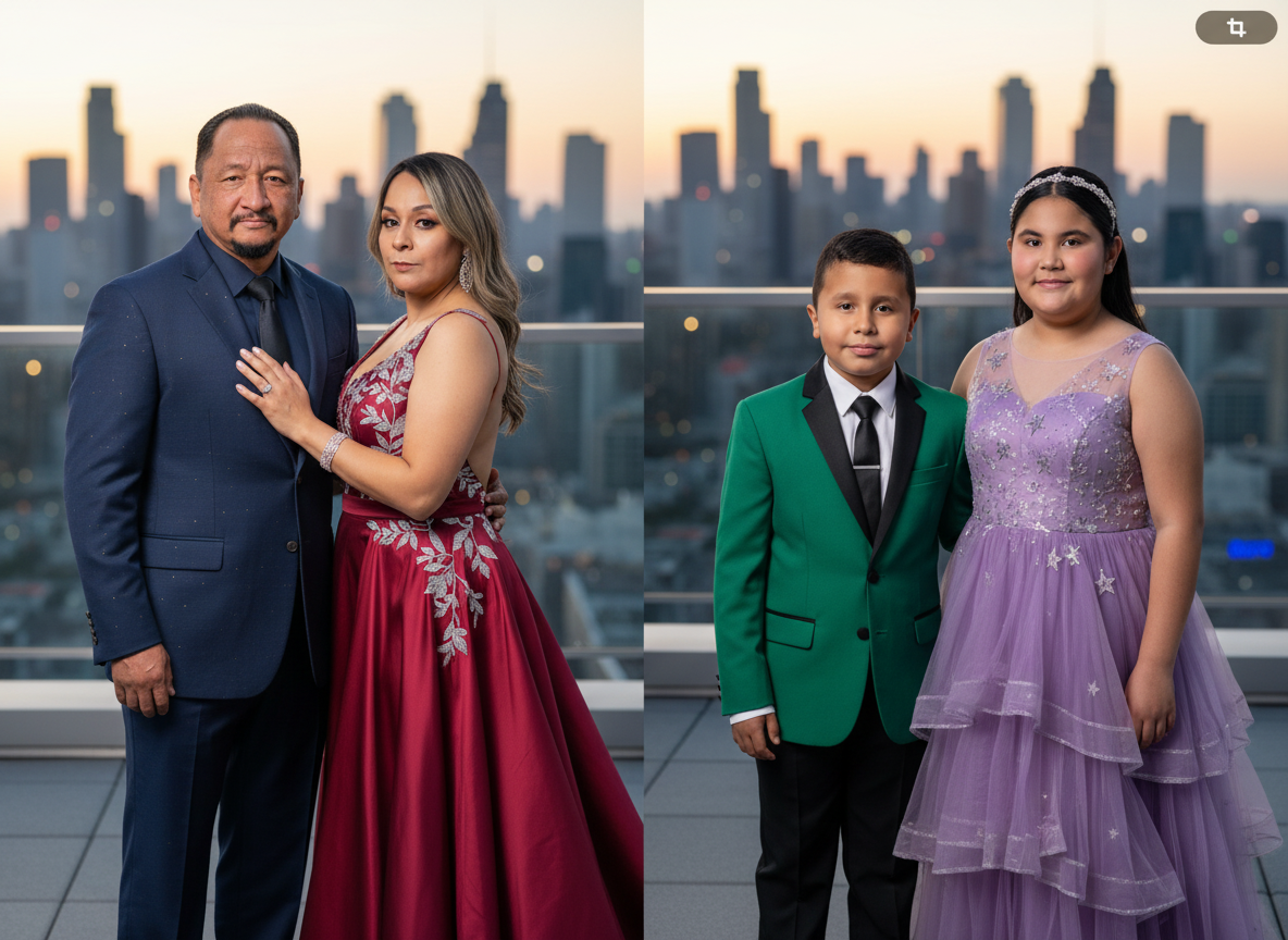 Family portrait of a man and woman dressed formally on a rooftop overlooking a city's skyline at sunset, with two children, a boy in a green suit and a girl in a purple dress, standing beside them.