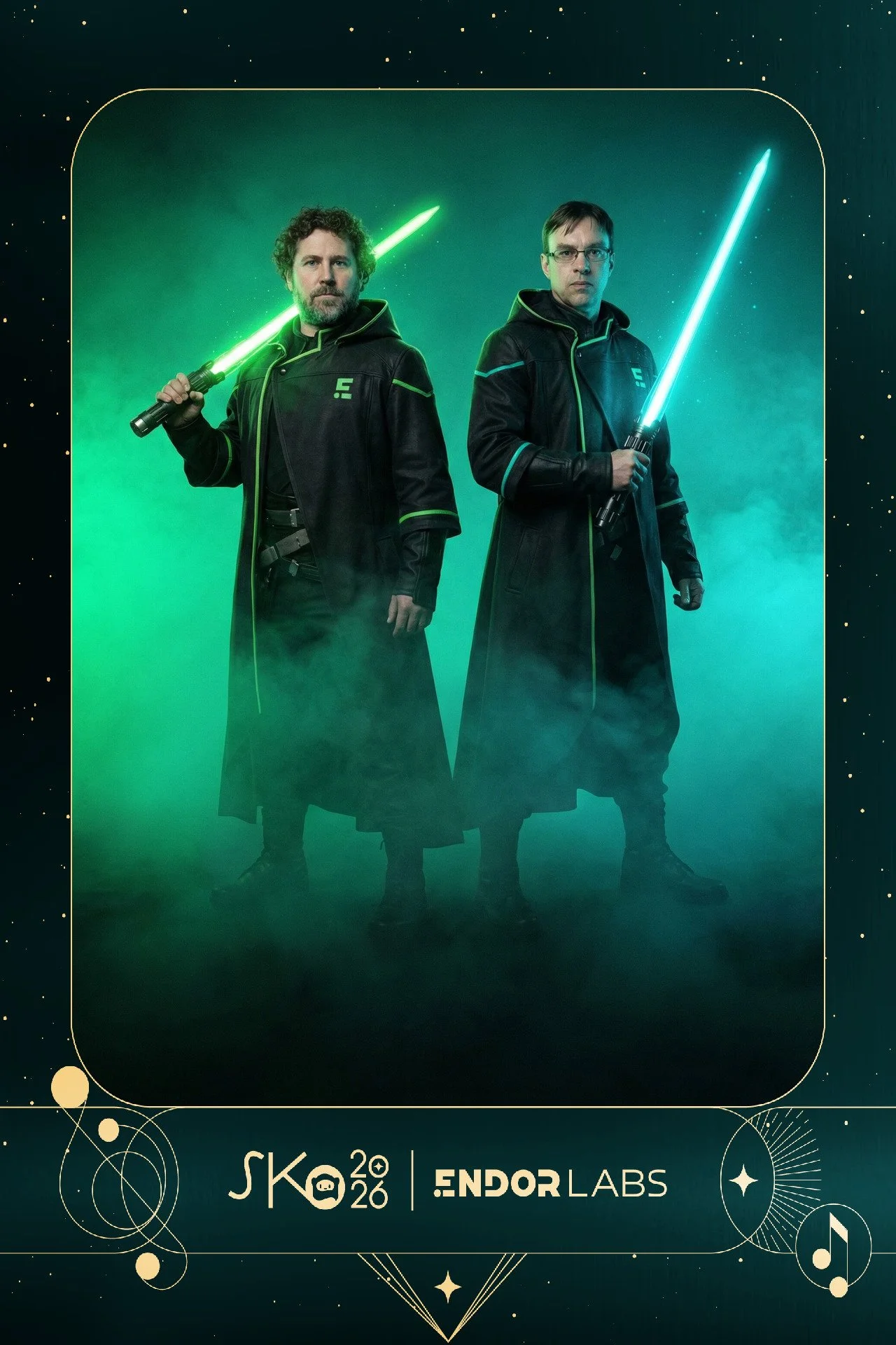 Two men dressed as Jedi warriors with green and blue lightsabers, standing in a foggy, starry background, promoting SKO 2026 and Endor Labs.