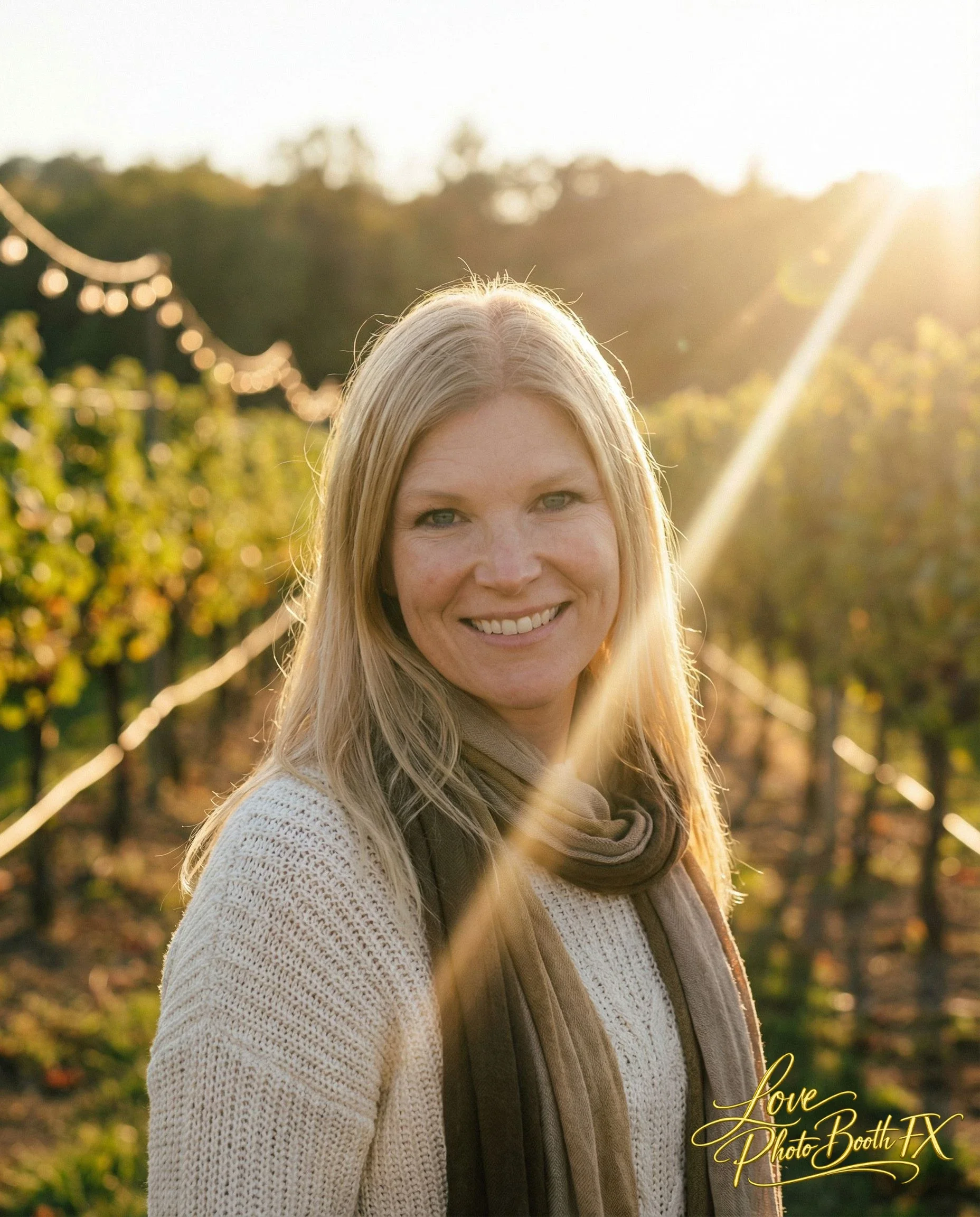 A smiling woman with long blond hair standing in a vineyard during sunset, with string lights in the background and sunlight creating a lens flare.