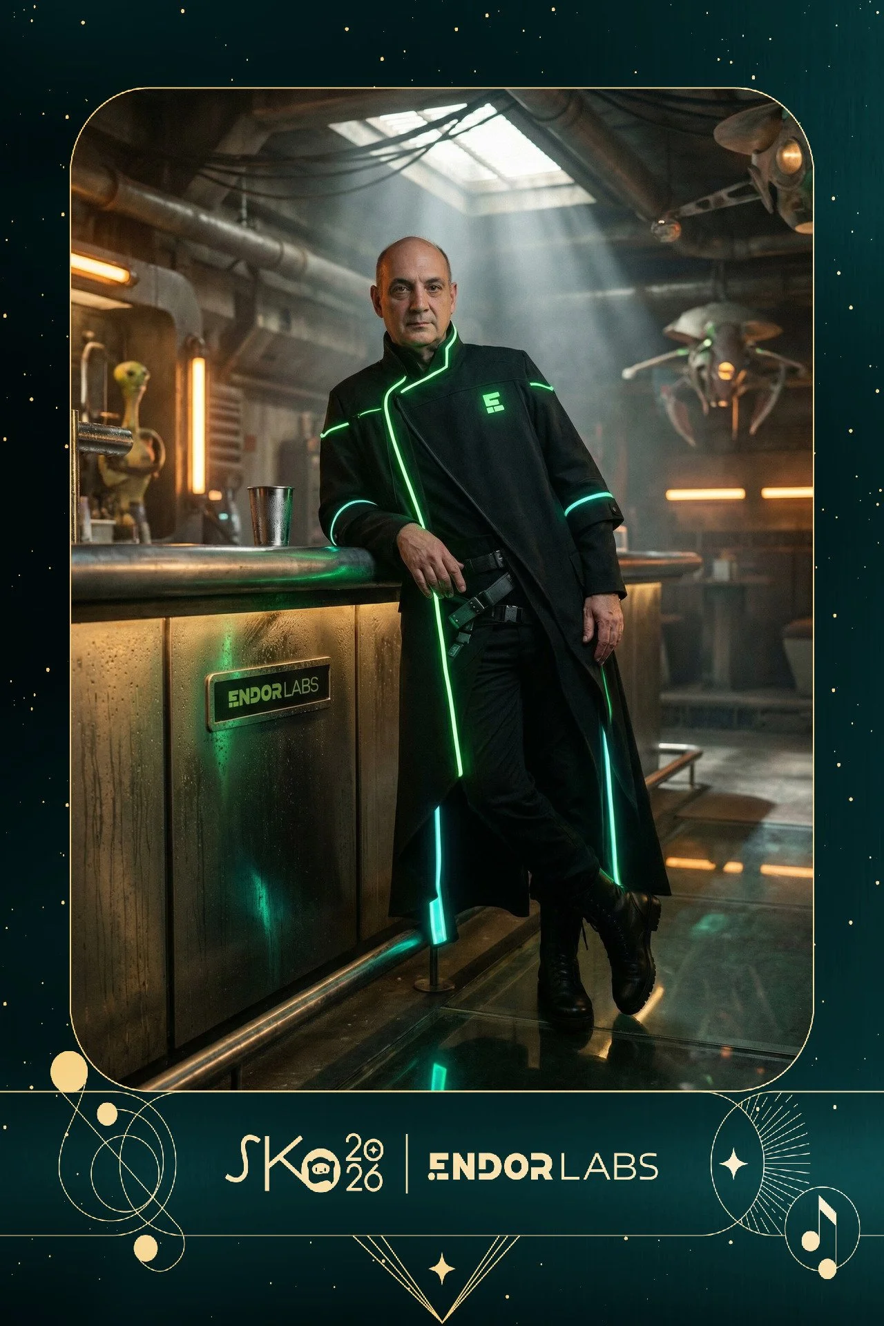 A man in a futuristic black coat with glowing green and blue lines, standing inside a sci-fi bar with alien decor and spaceship models, leaning on a metallic bar counter.