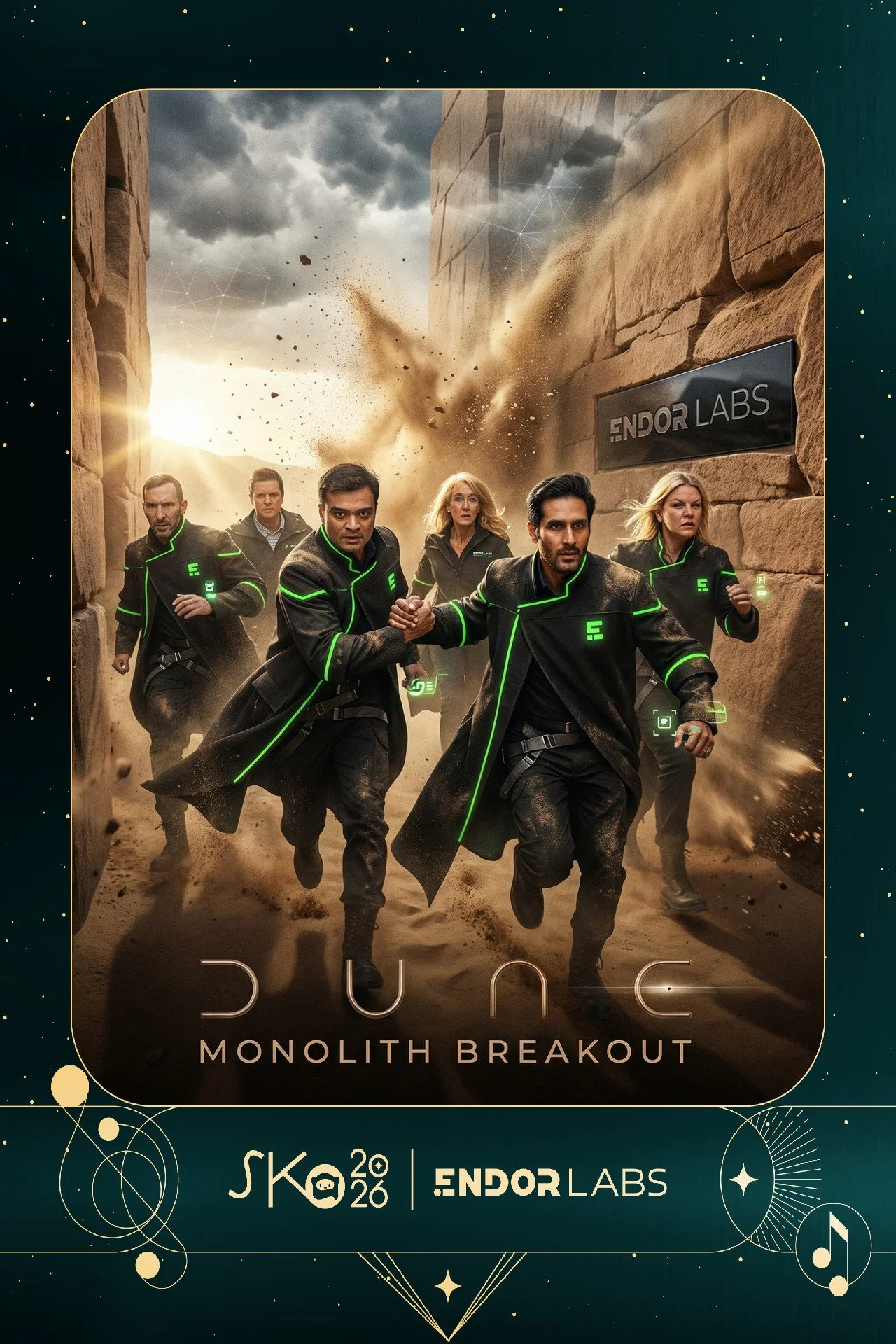 A group of five people wearing black coats with green accents running through a narrow canyon, with one person holding another's hand. Explosive debris is in the air behind them, and there is a sign that says 'Endor Labs' on the wall. The scene is dy