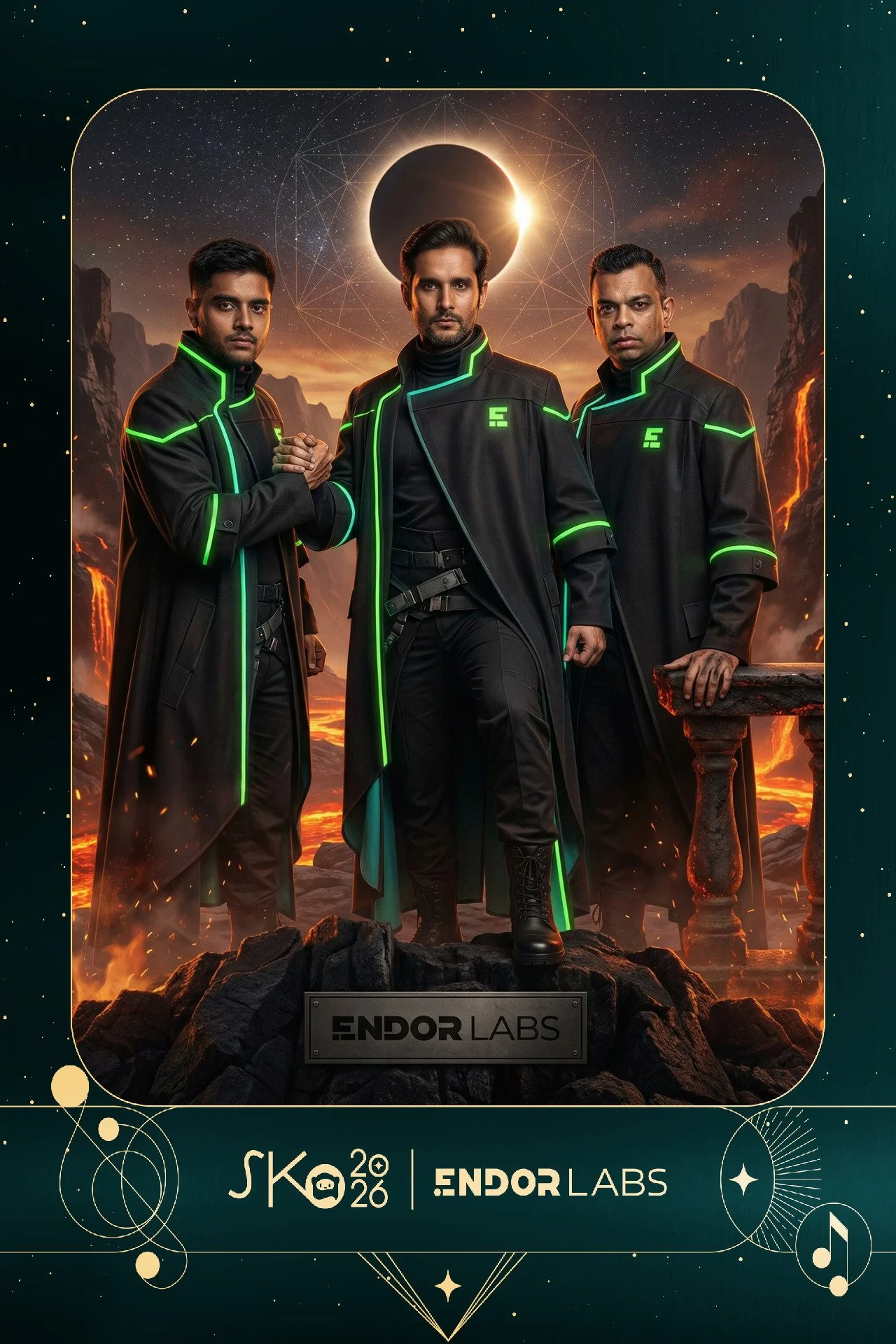 Three men dressed in futuristic black coats with green glowing lines, standing with a volcanic and cosmic background, including an eclipse or planet in the sky, and the text 'ENDOR LABS' at the bottom.