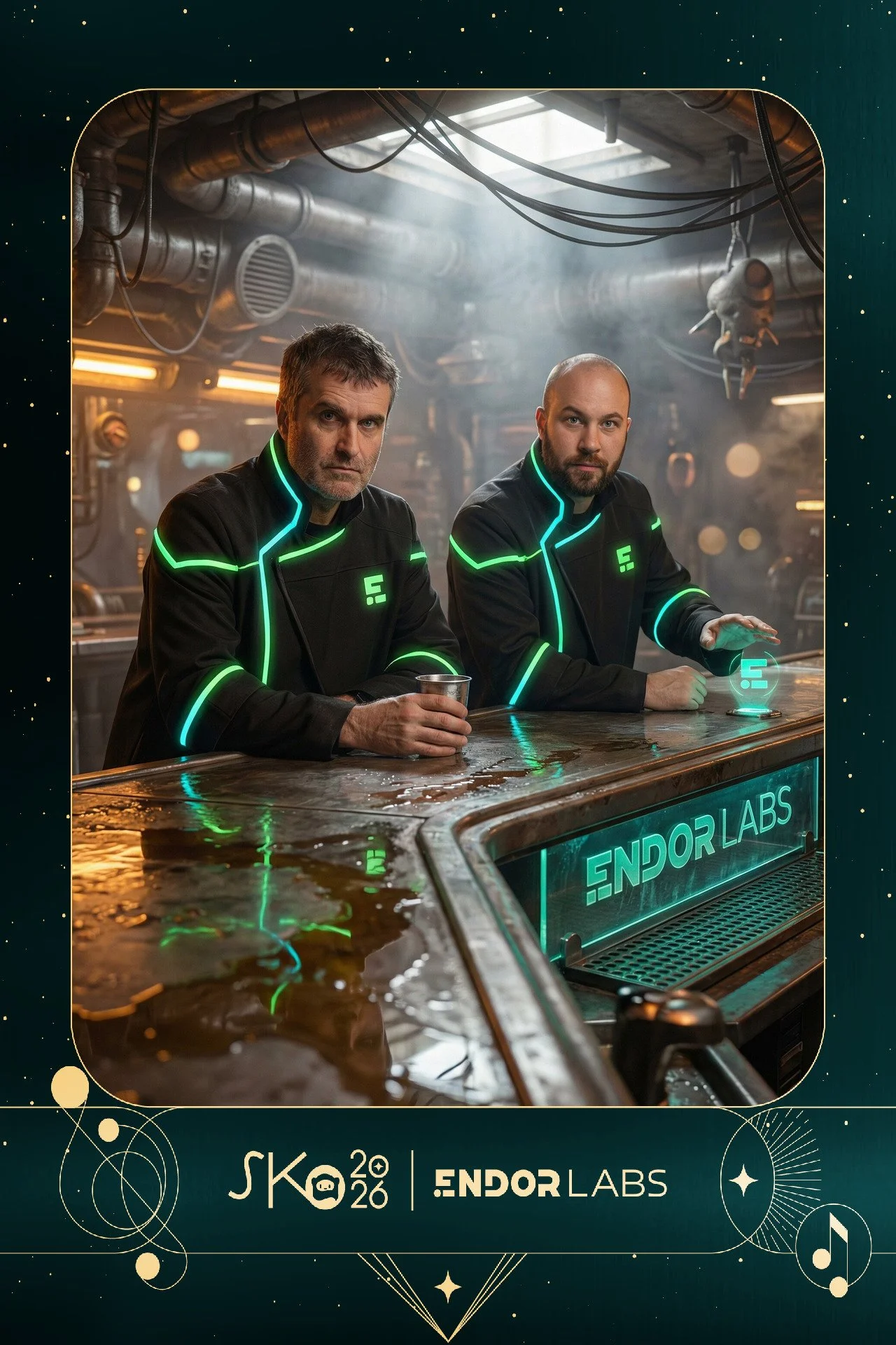 Two men in black jackets with glowing green accents sitting at a futuristic bar with a sign saying "ENDOR LABS." The setting is industrial with exposed pipes and a glowing atmosphere.