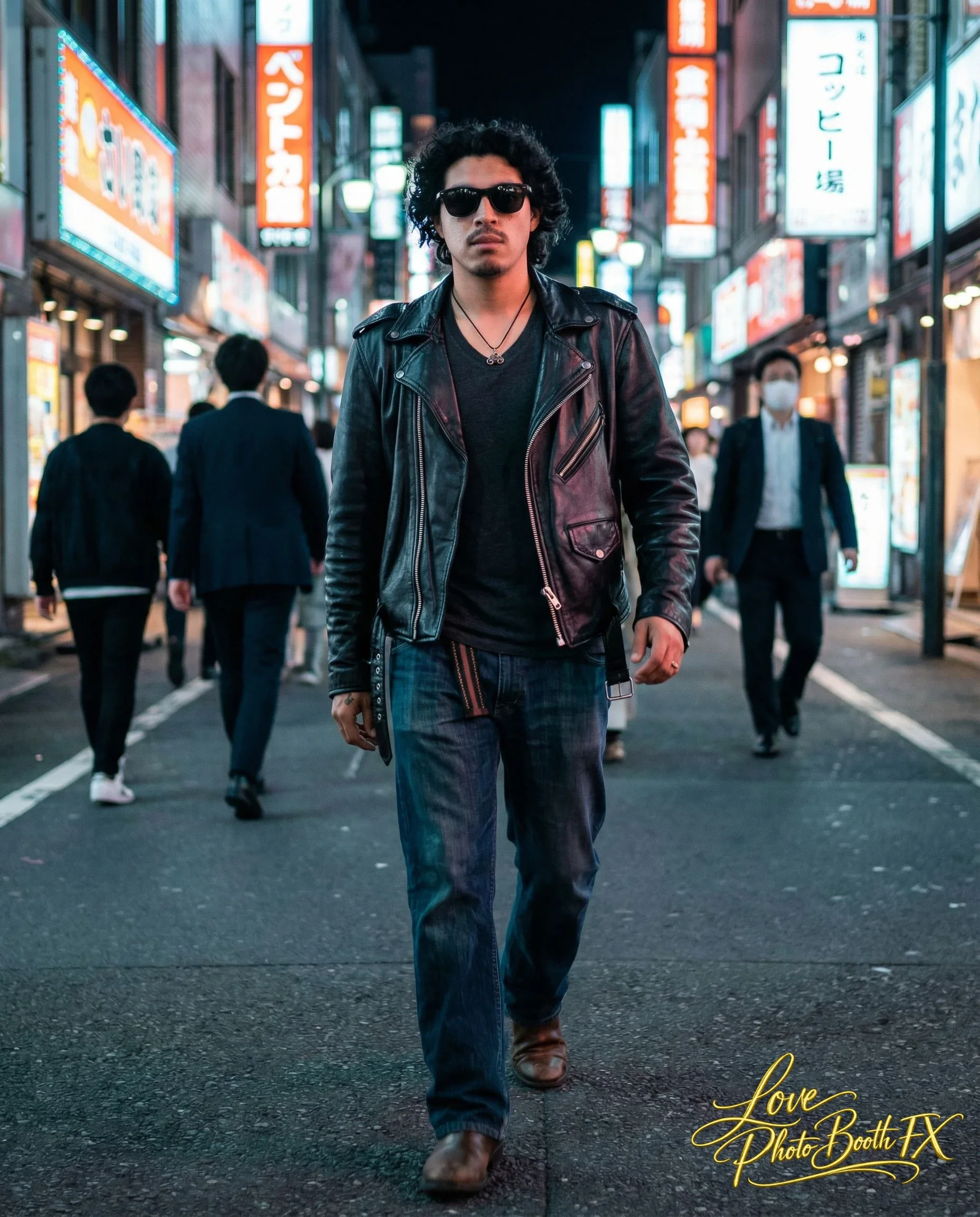 A man with curly hair, sunglasses, black leather jacket, and dark jeans walking down a busy city street at night with neon signs in the background.