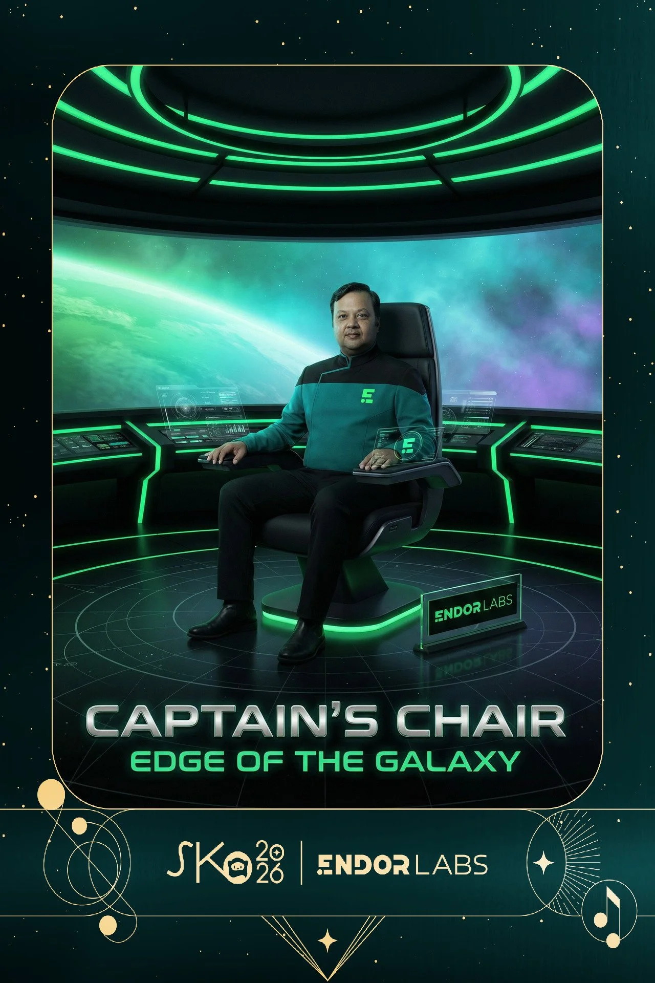 A man sitting in a futuristic spaceship captain's chair in a green and black command center with space scenery visible through a large window. The scene includes digital interfaces and glowing green accents, with text indicating it's a promotional im