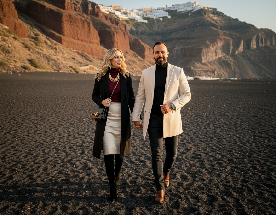 A couple holding hands and walking on a black sand beach with colorful cliffs and white buildings in the background at sunset.