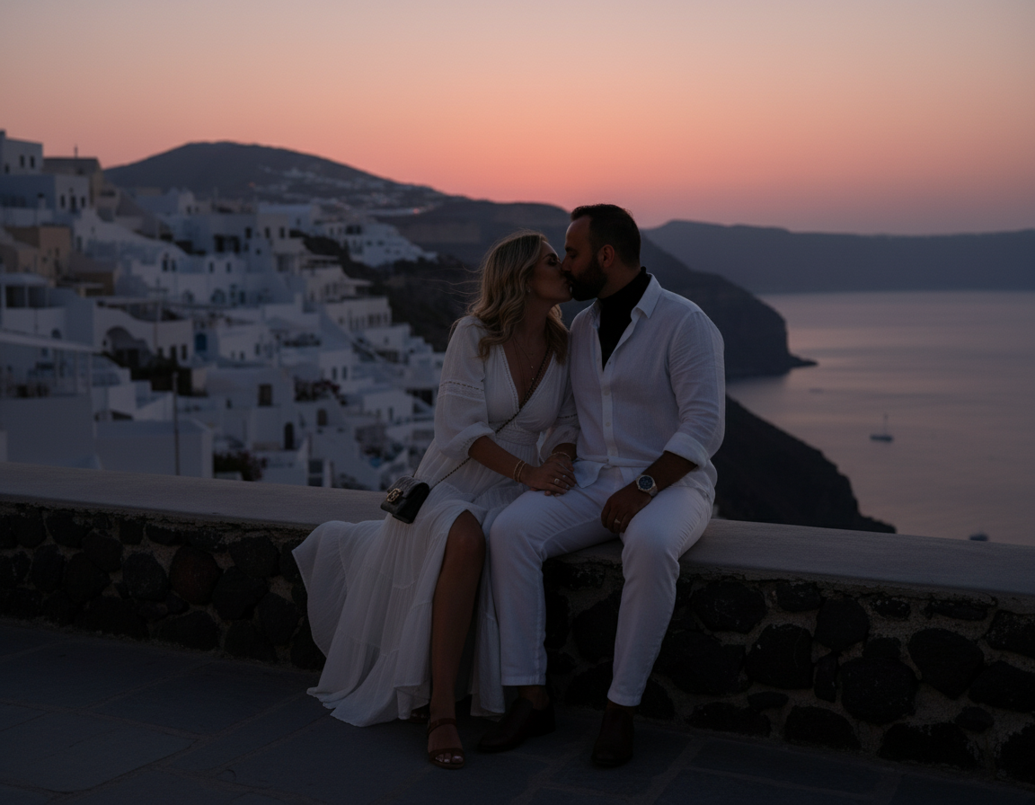 A couple sharing a kiss at sunset on a balcony overlooking a coastal town with white buildings and hills.