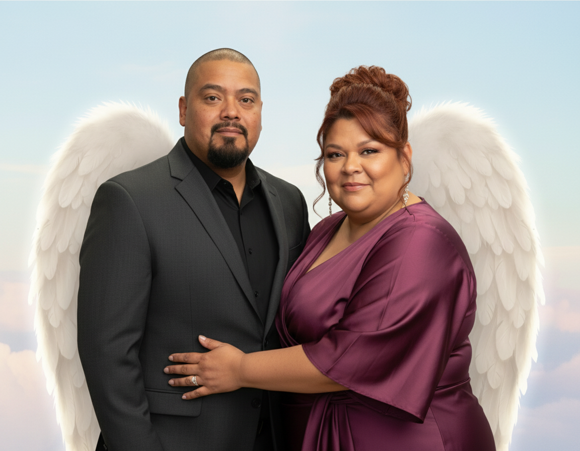 A man and woman with angel wings posing together against a sky background. The man is wearing a black suit and the woman is in a purple satin dress. They are holding each other and looking at the camera.