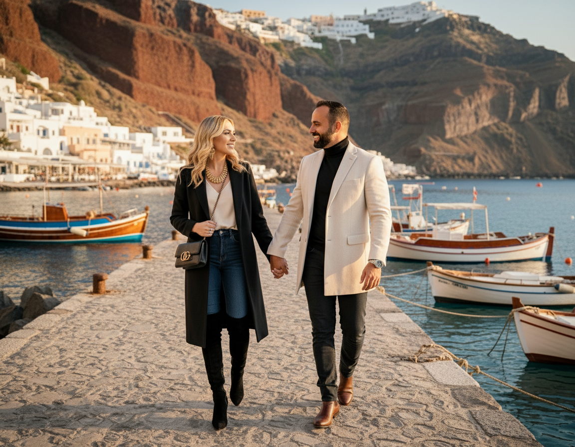 A couple holding hands and walking along a stone pier at a marina, with boats in the water and white buildings on a hillside in the background.