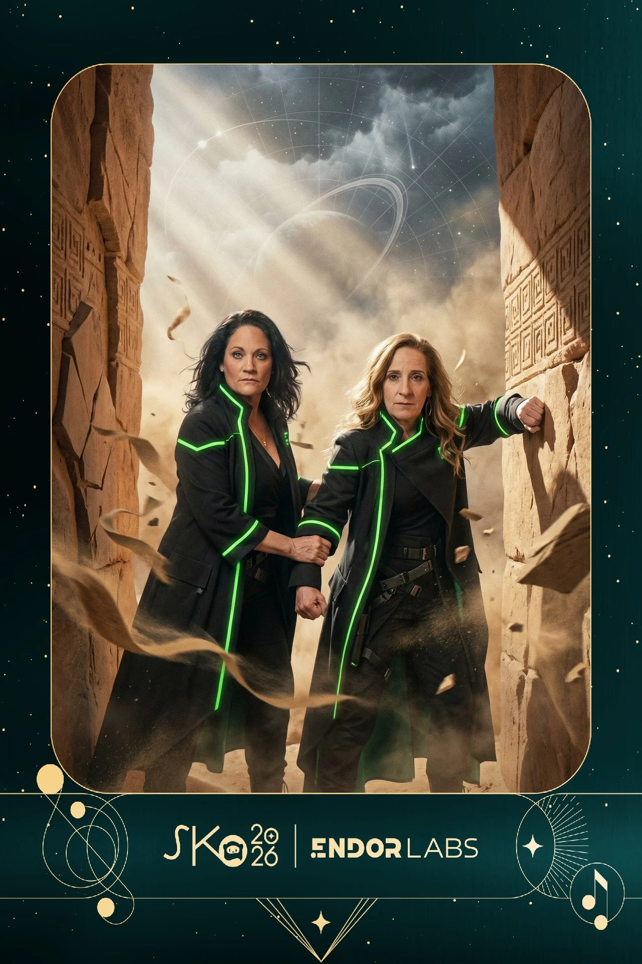 Two women dressed in black futuristic outfits with glowing green accents stand between two large stone walls with floating debris around them. Behind them is a cloudy sky with a planet and rings, and a starry outer space background.