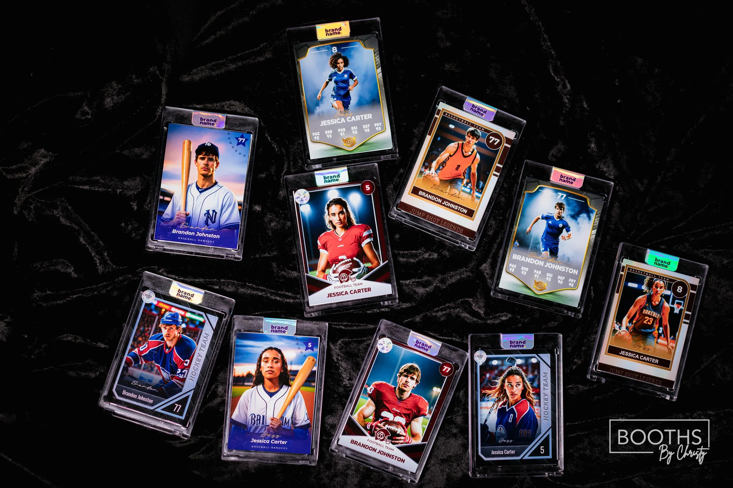 Collection of sports trading cards featuring athletes, including baseball, soccer, football, basketball, and hockey players, displayed on a black fabric background.