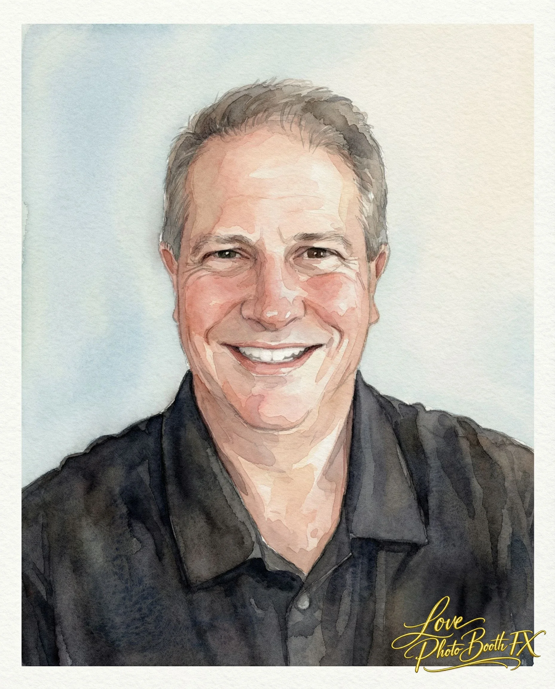 A smiling middle-aged man with short hair, wearing a black shirt, in a watercolor style portrait. The text "Love Photo Booth FX" is in the bottom right corner.