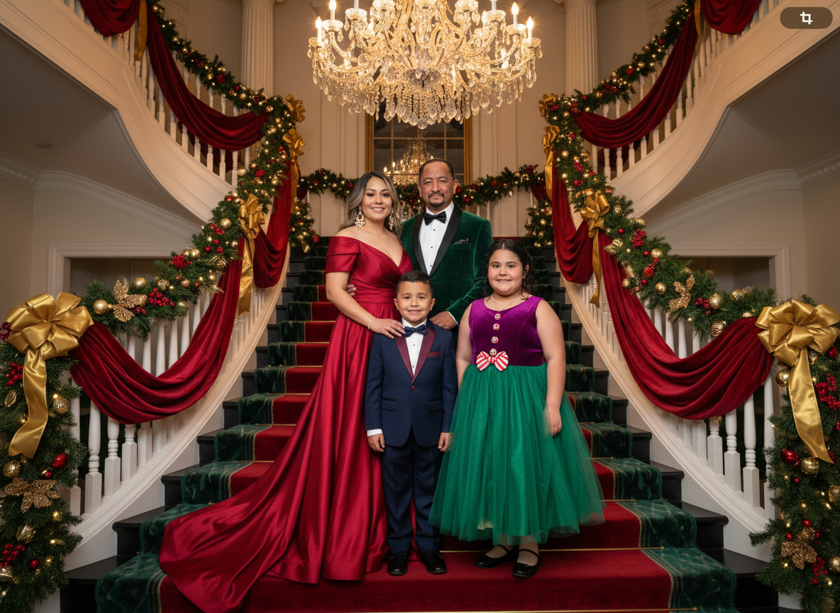 Family dressed in formal holiday attire posing on a decorated staircase in a grand home with a chandelier.