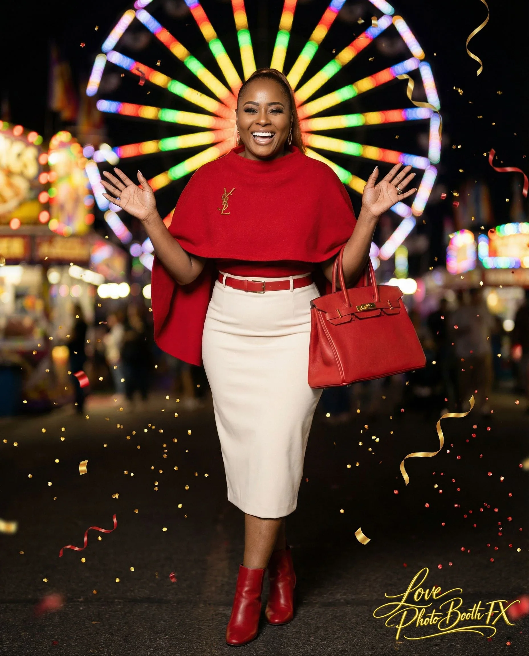 Woman at a fair or carnival at night, smiling and waving, standing in front of a colorful Ferris wheel, wearing a red top, white skirt, red boots, and carrying a red handbag.