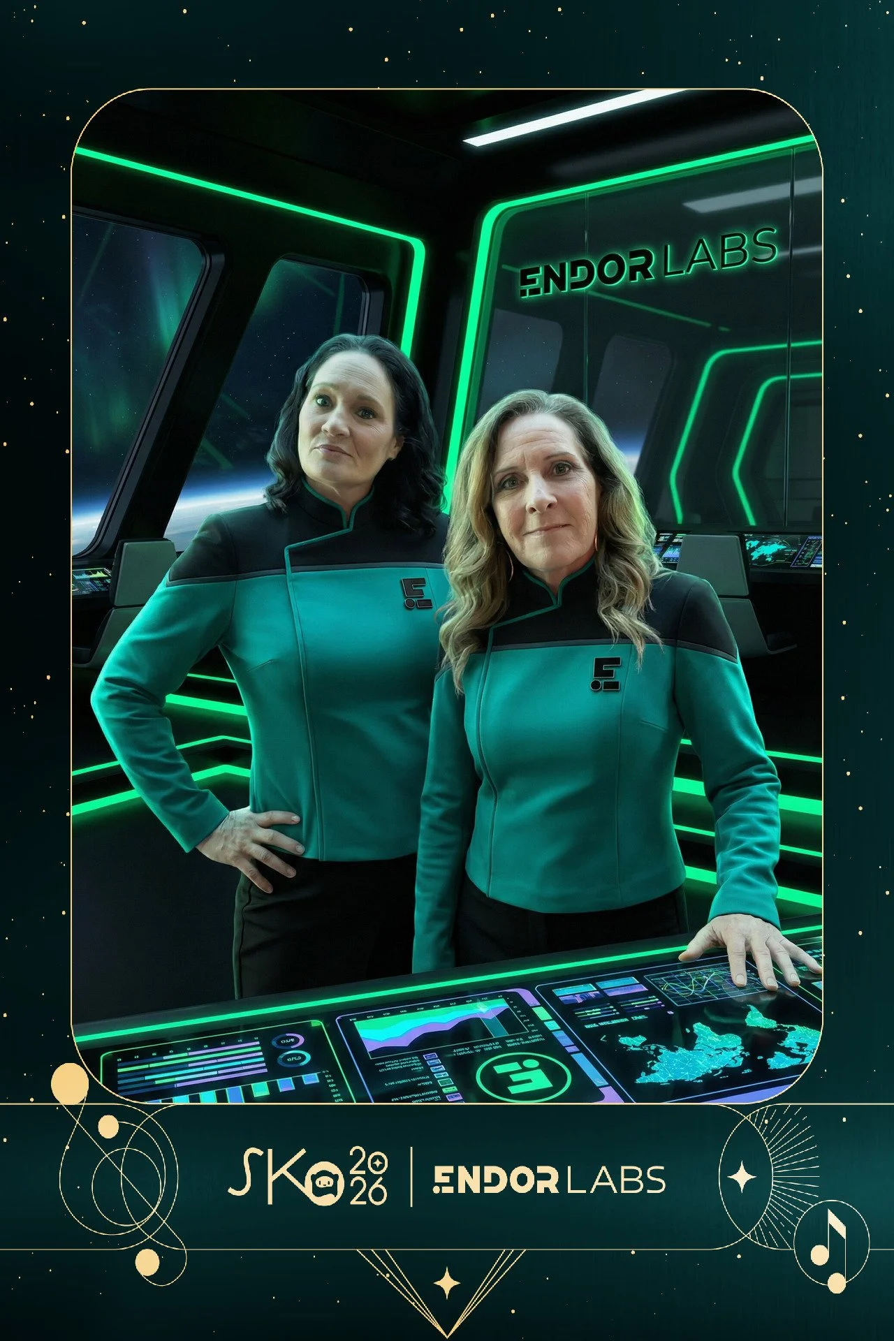 Two women in teal and black uniforms inside a spaceship bridge with holographic controls and a view of space and Earth outside.