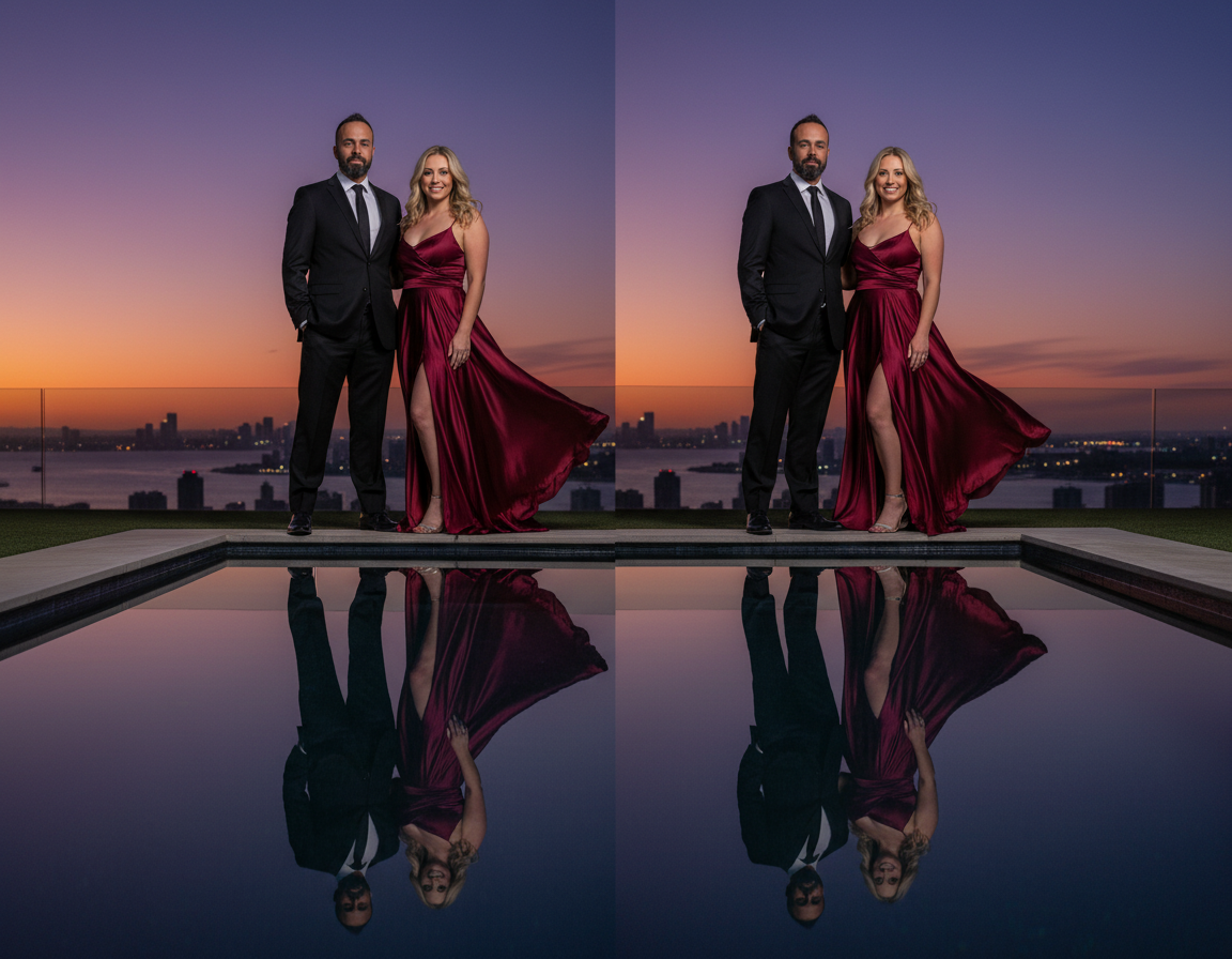 A man in a black suit and a woman in a red gown standing by a pool at sunset, with their reflections visible in the water behind them.