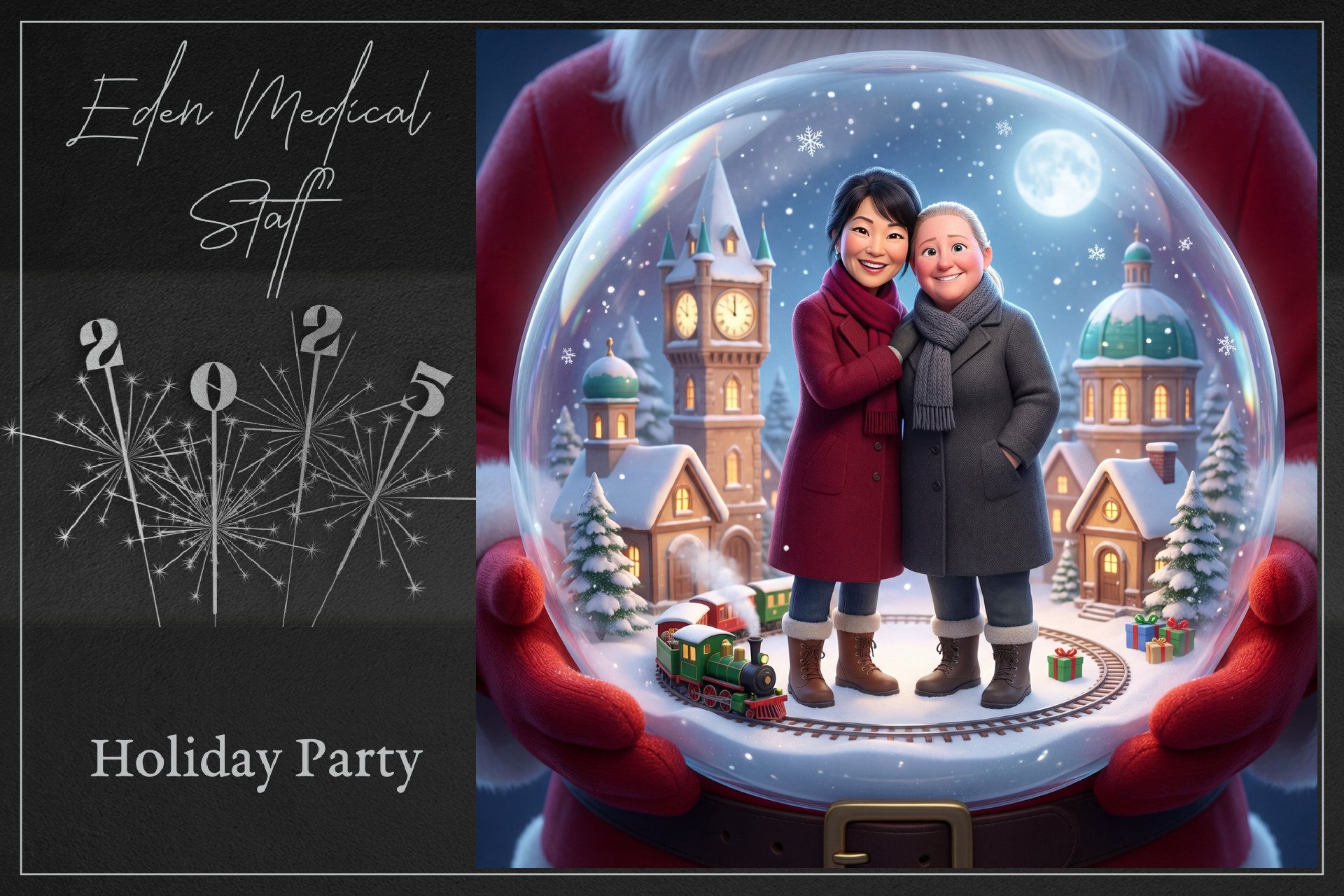 Two women dressed in winter coats and scarves inside a snow globe with a winter town scene, including snow-covered trees, small houses, a clock tower, and a train, under a full moon and falling snow, held by a person wearing red gloves and a Santa su