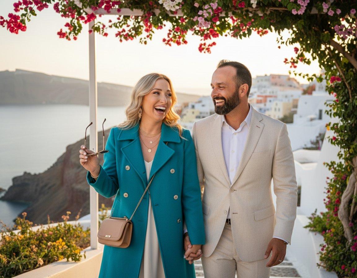 A happy couple holding hands and smiling outdoors on a sunny day, with a scenic seaside view and white buildings in the background.