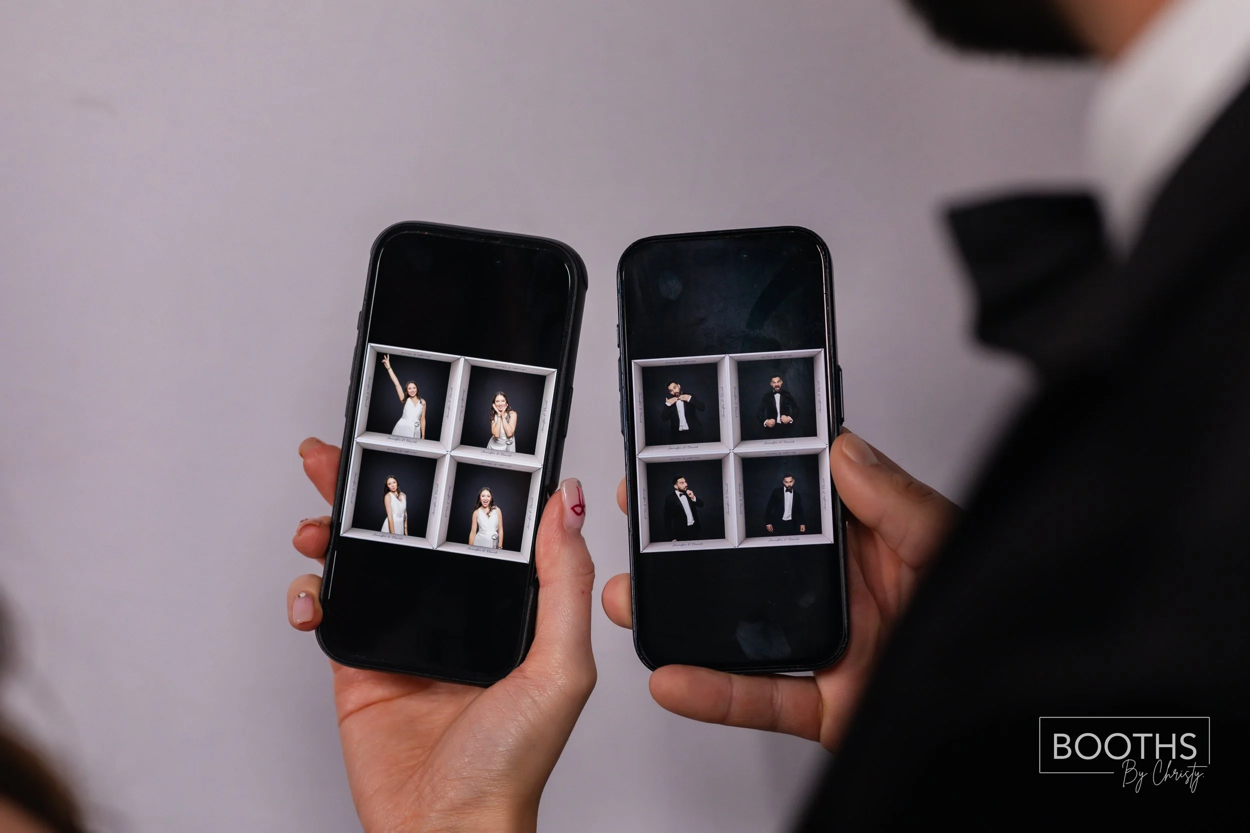 Two smartphones displaying photo booth strips with four pictures each, featuring a man and woman in formal attire against a dark background.