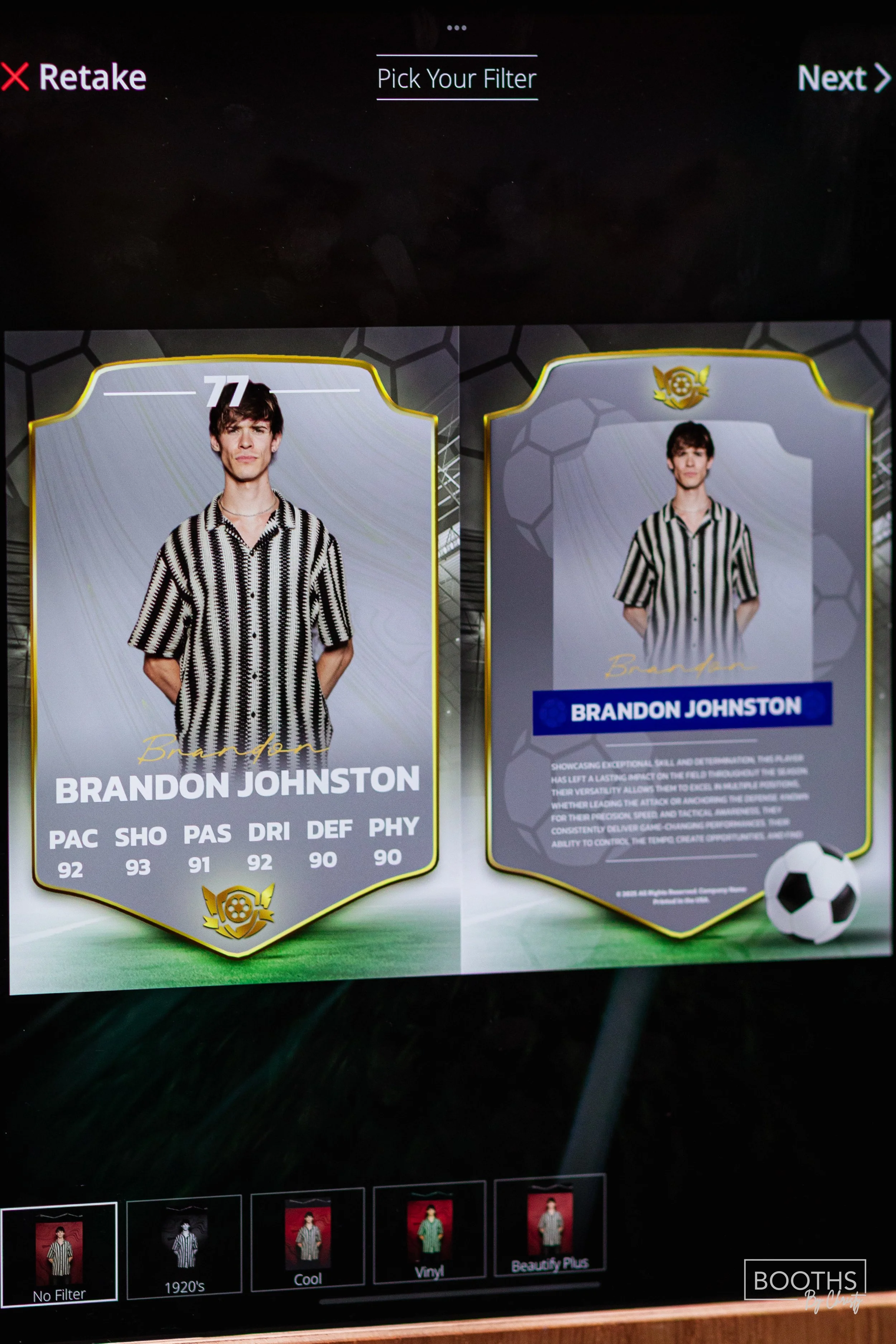 Virtual soccer card of Brandon Johnston, showing his physical and skill ratings, with a soccer ball graphic in the bottom right corner.