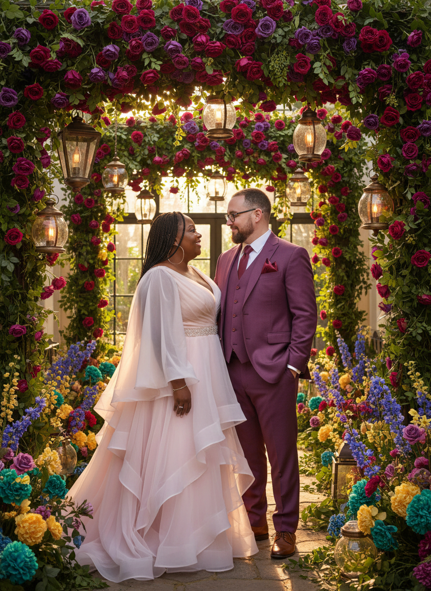 A wedding couple stands close together under a floral arch with pink and purple roses and hanging lanterns, in a sunlit garden setting.