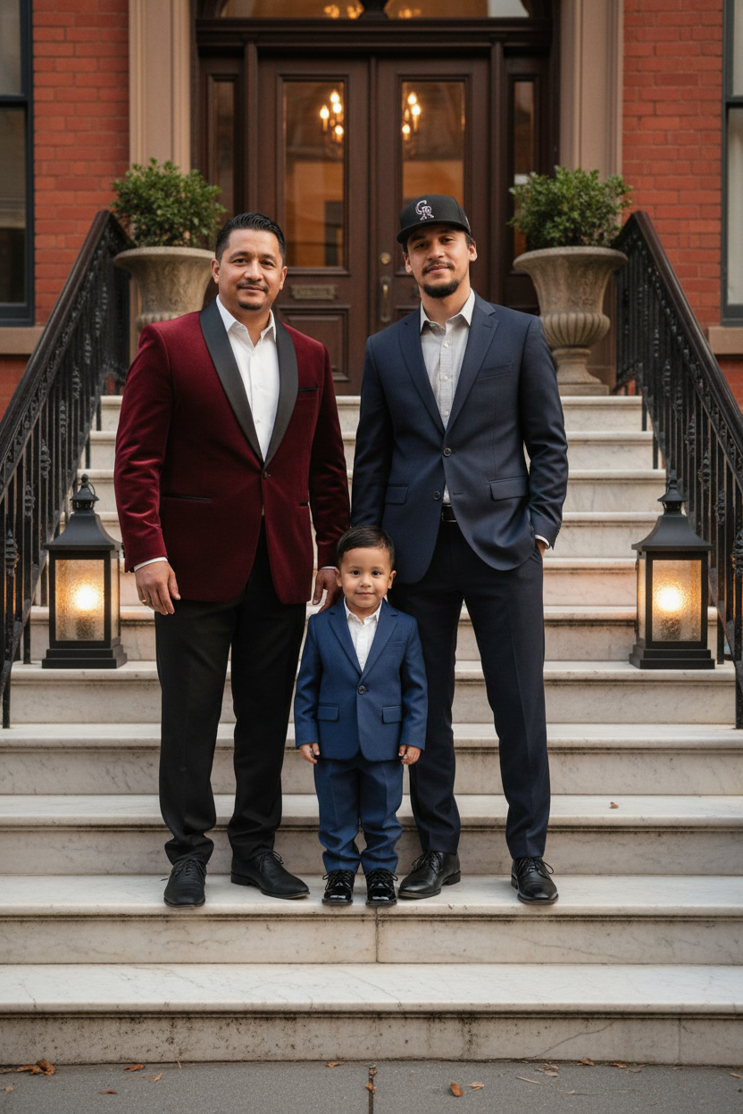 Three males and one young boy standing on the steps outside a building with a wooden door, two large potted plants, and black railings, dressed in formal suits.