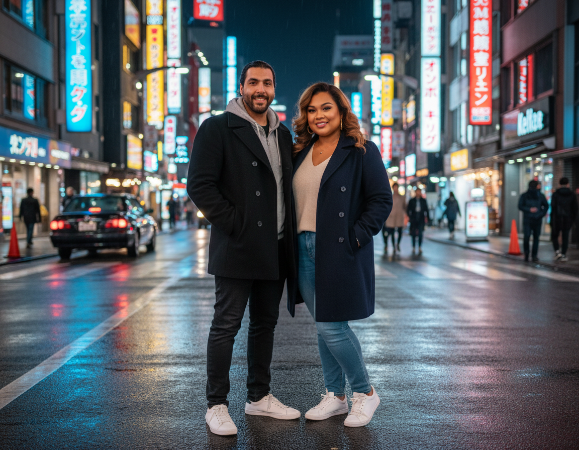A smiling man and woman in coats standing on a city street at night with neon signs and cars in the background.