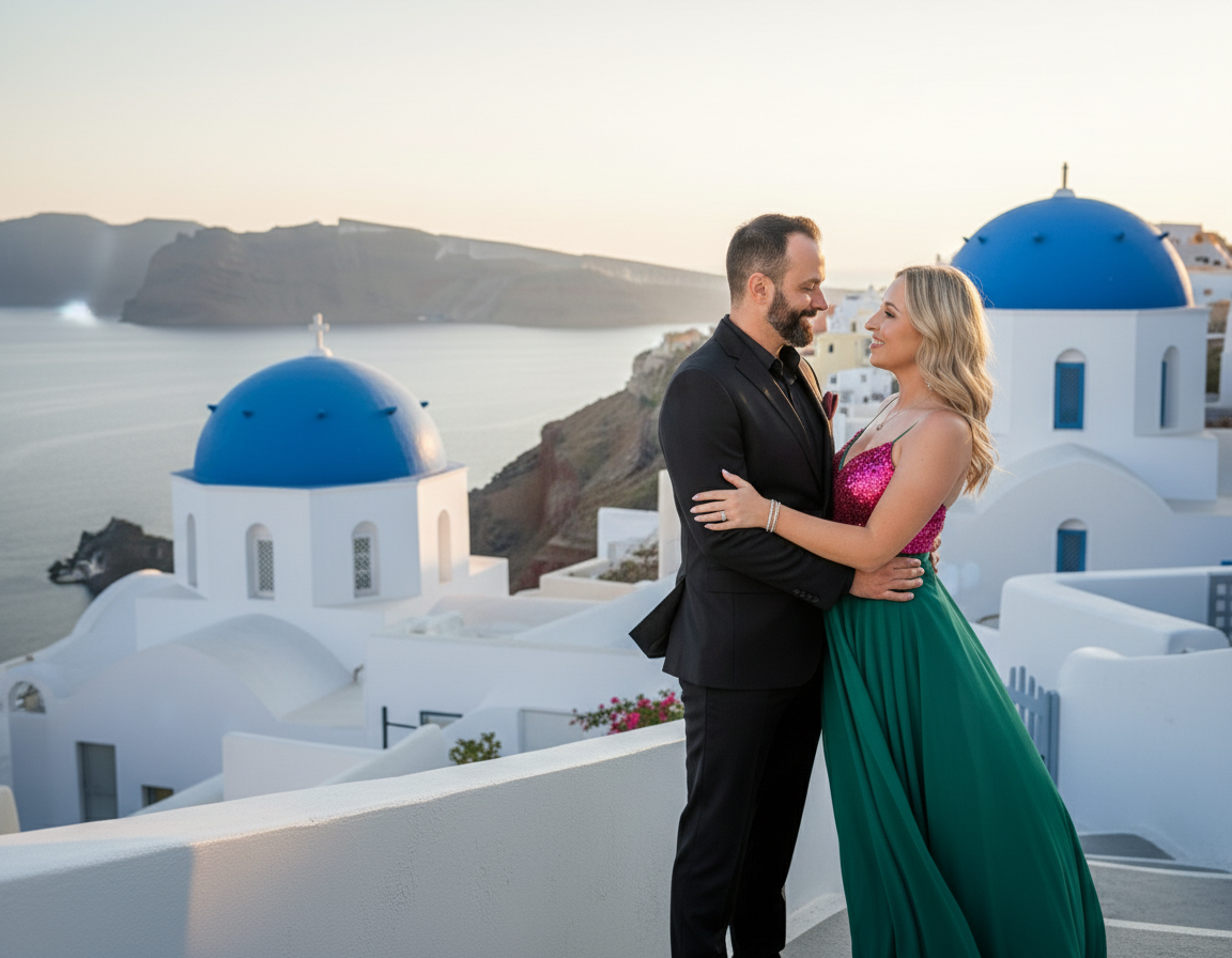 A couple dressed in formal attire stands close together, embracing and gazing into each other's eyes on a balcony overlooking white buildings with blue domes in Santorini, Greece during sunset.