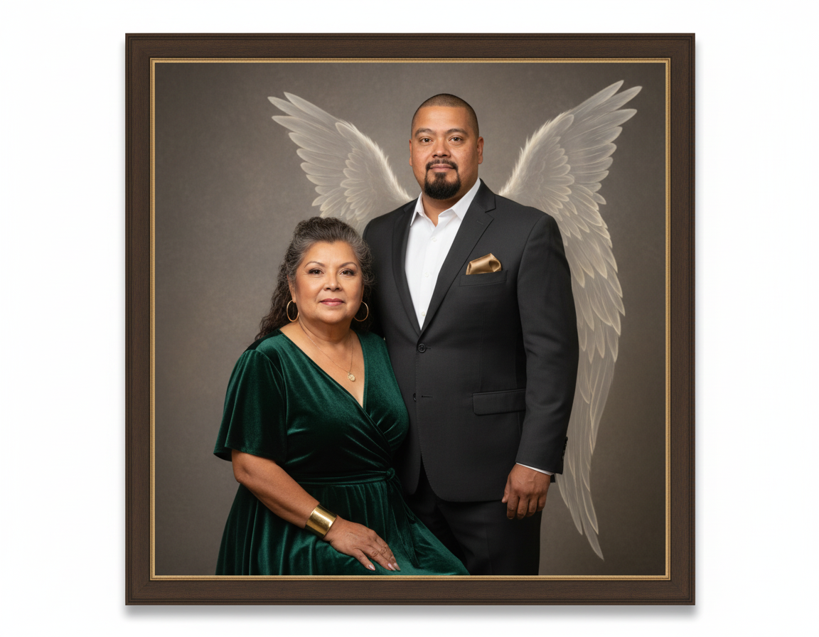 A man in a black suit with a white shirt, and a woman in a green dress with gold jewelry, are posing in front of a backdrop with angel wings. The image is framed in a dark wood frame with gold trim.