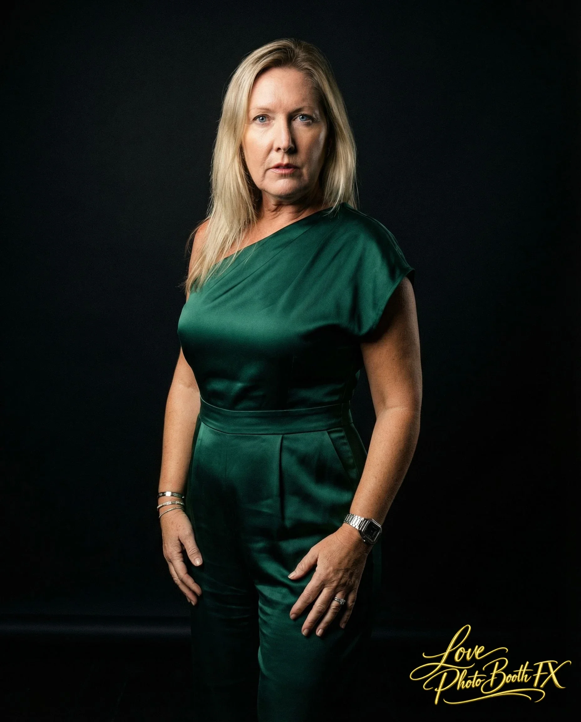 A woman with blonde hair in a green satin dress, standing against a dark background.